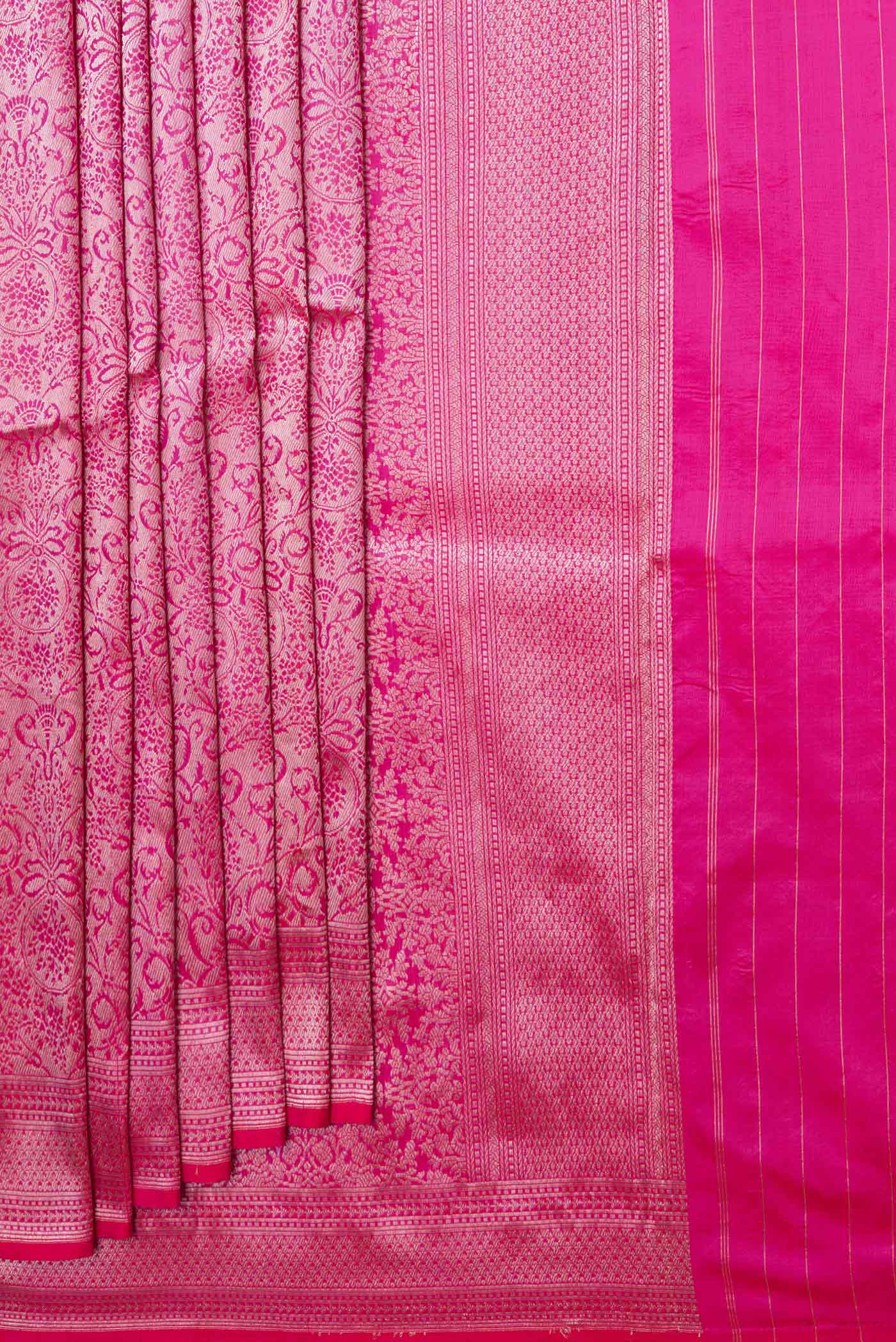 Pleats and pallu of Pink Dual Tone Banarasi Saree with Zari Brocade on the body and Zari Border