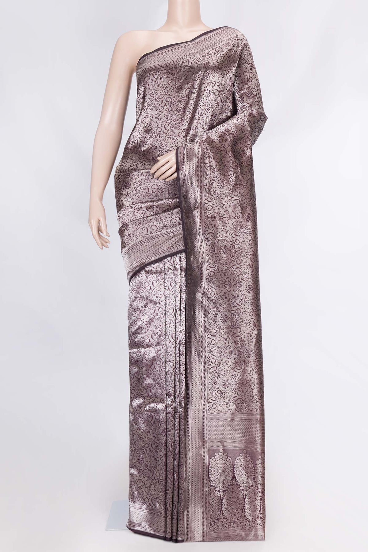 Coffee Brown Dual Tone Banarasi Silk Saree with Zari Brocade on the body and Zari Border displayed on a mannequin