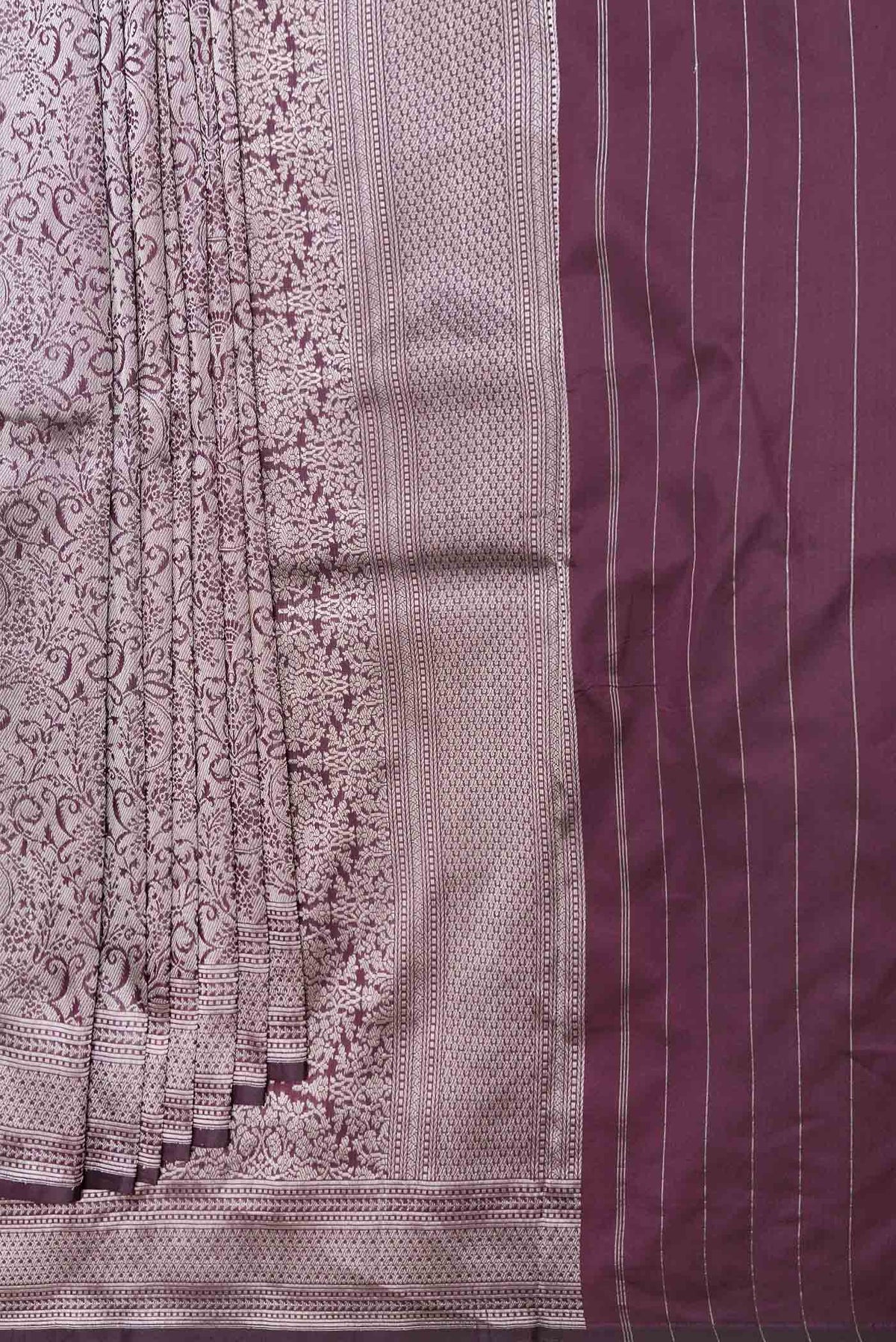 Pleats and pallu of Coffee Brown Dual Tone Banarasi Silk Saree with Zari Brocade on the body and Zari Border