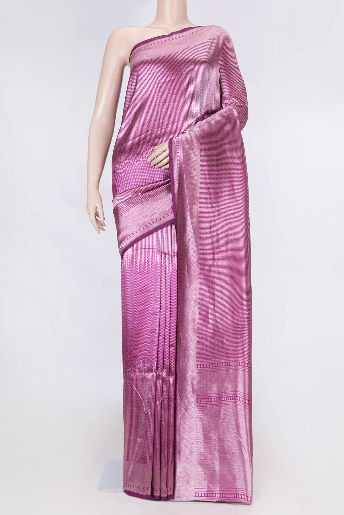 Magenta Dual Tone Banarasi Saree with Zari Brocade on the body and Zari Border displayed on a mannequin