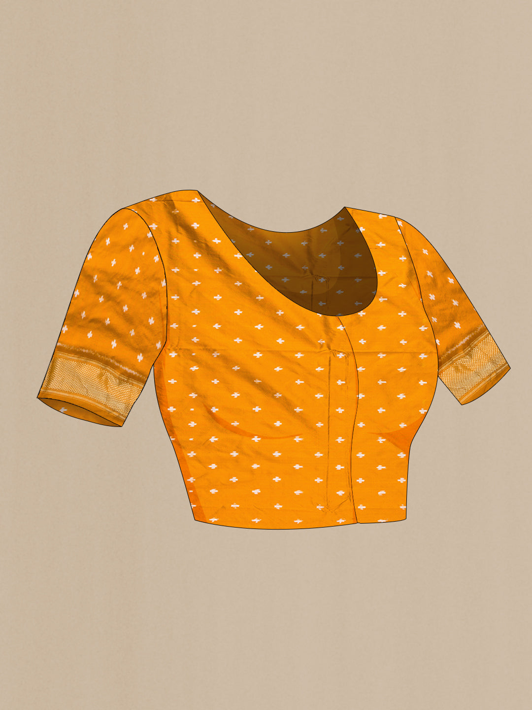 Close up image of the blouse of Mustard Dual Tone Double Ikat Nine Yards Saree with Ikat Print on the body and Zari Border. 