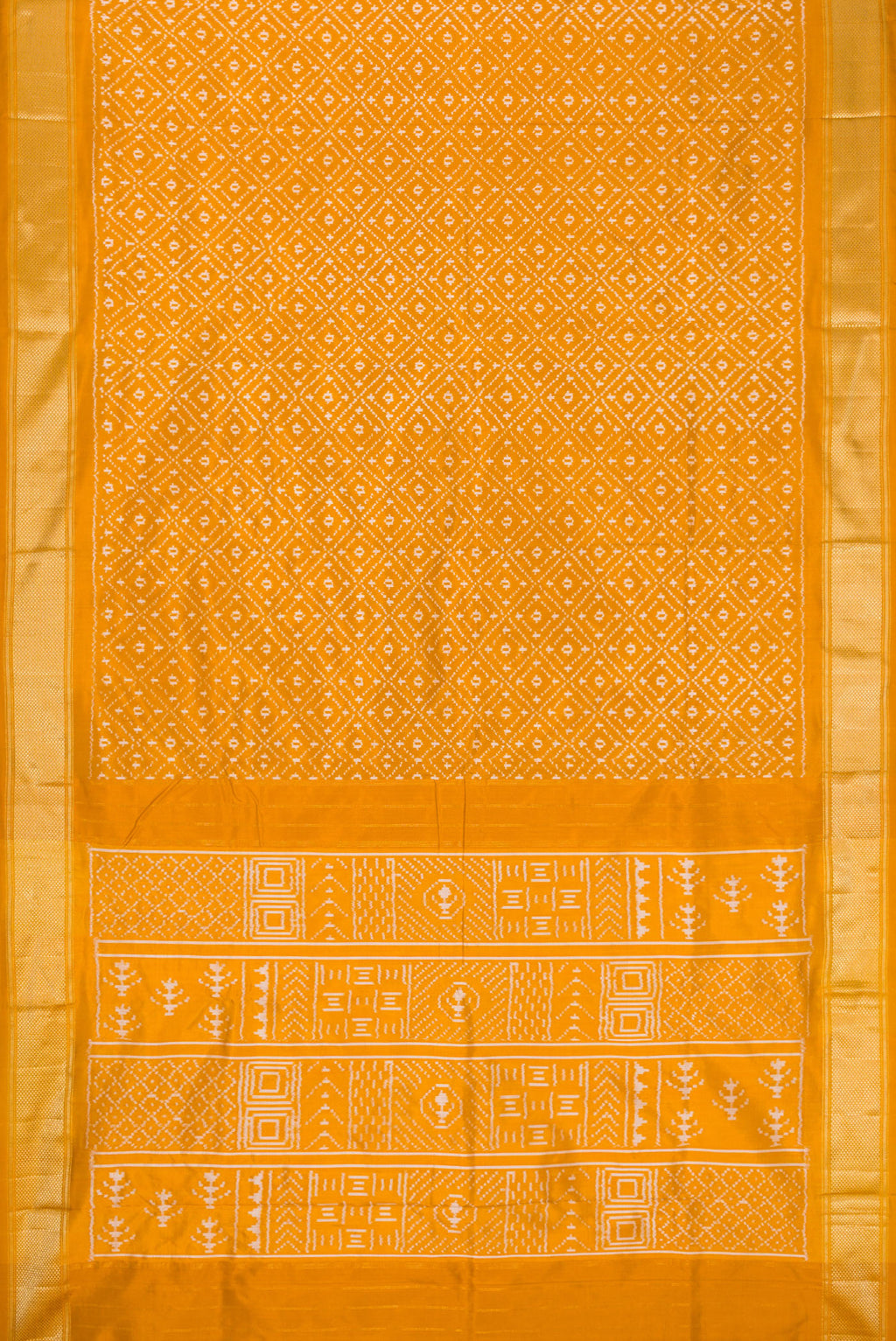 Flat view of Mustard Dual Tone Double Ikat Nine Yards Saree with Ikat Print on the body and Zari Border. 