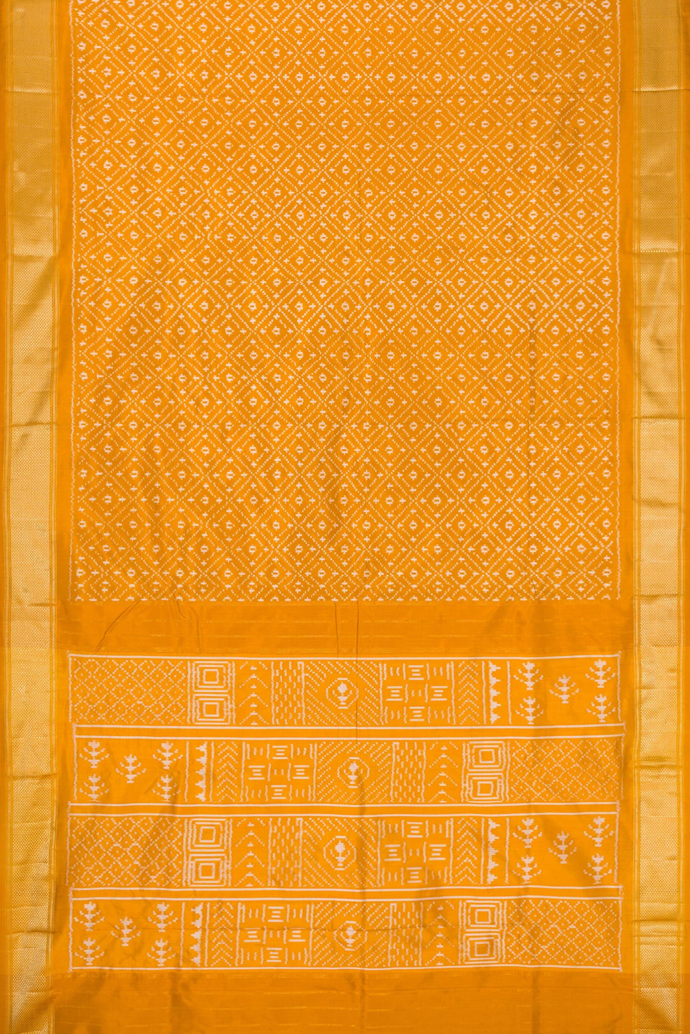 Flat view of Mustard Dual Tone Double Ikat Nine Yards Saree with Ikat Print on the body and Zari Border. 