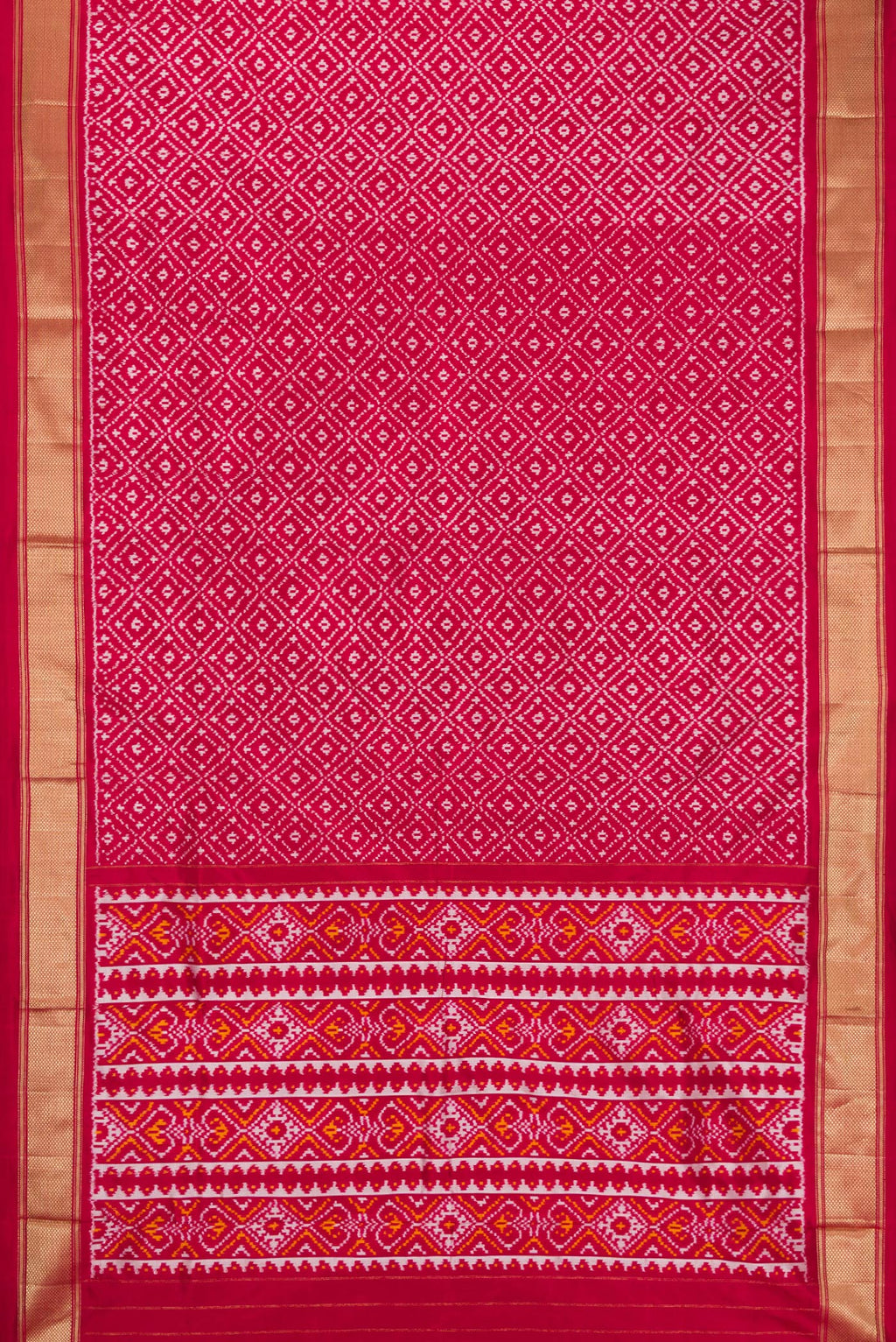 Flat view of Maroon Dual Tone Double Ikat Nine Yards Saree with Ikat Print on the body and Zari Border. 