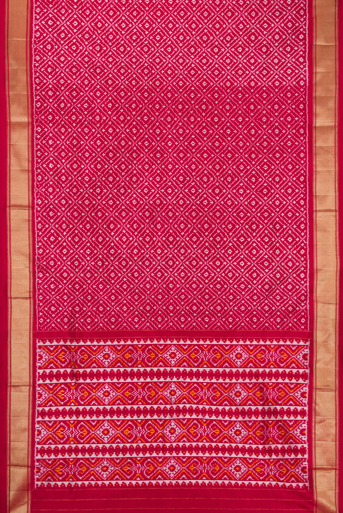 Flat view of Maroon Dual Tone Double Ikat Nine Yards Saree with Ikat Print on the body and Zari Border. 