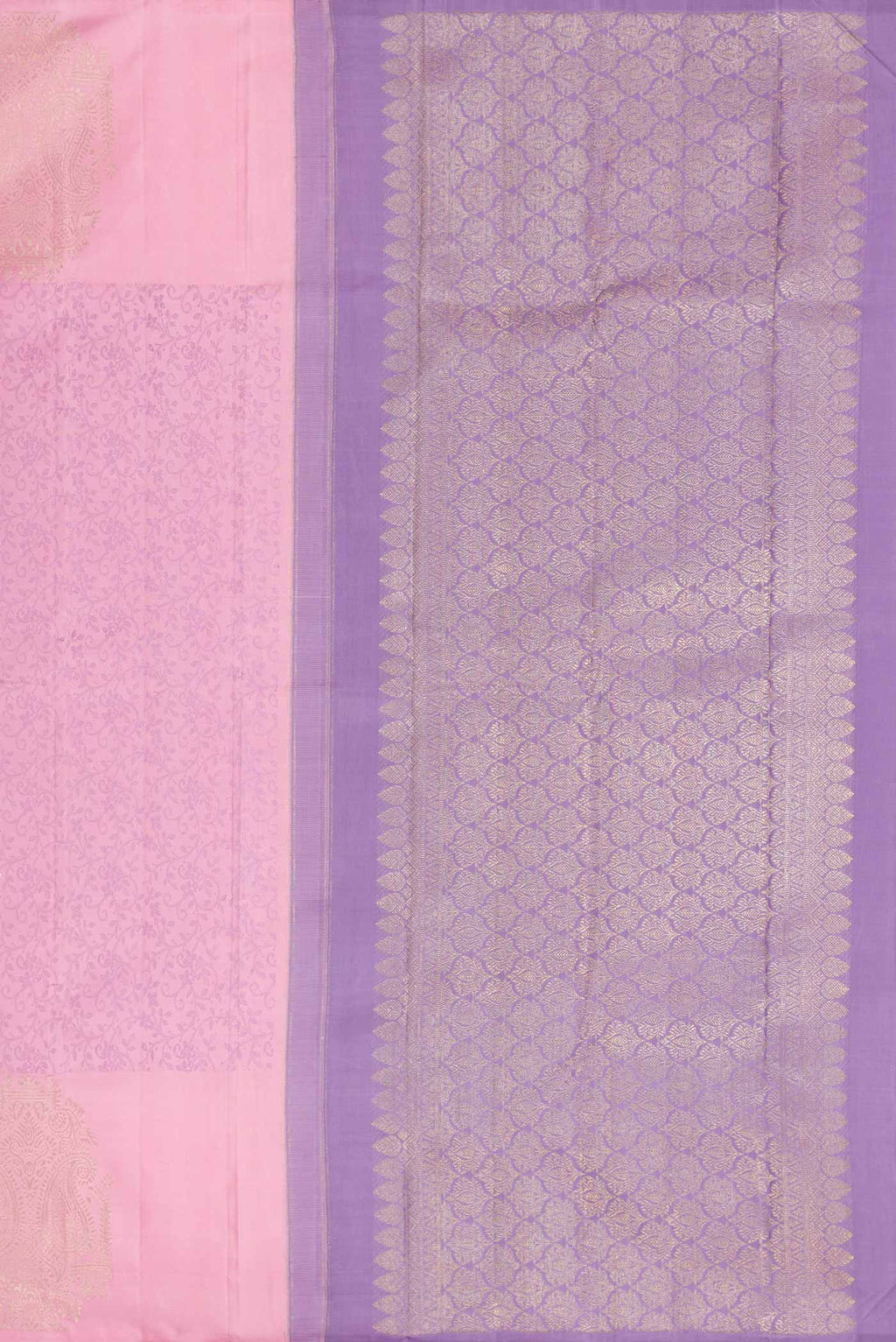 Close up image of the pallu of Pure Silk Pure Zari Pink Dual Tone Kanchipuram Saree with Jacquard design on the body and Fancy Border