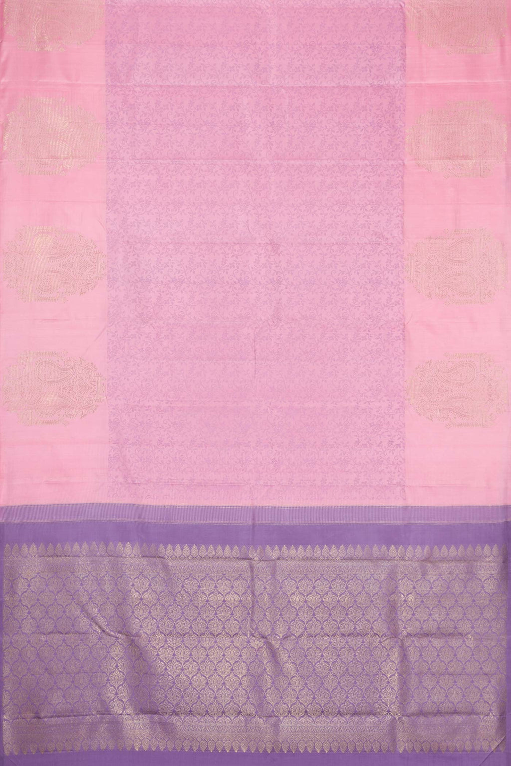 Flat view of Pure Silk Pure Zari Pink Dual Tone Kanchipuram Saree with Jacquard design on the body and Fancy Border