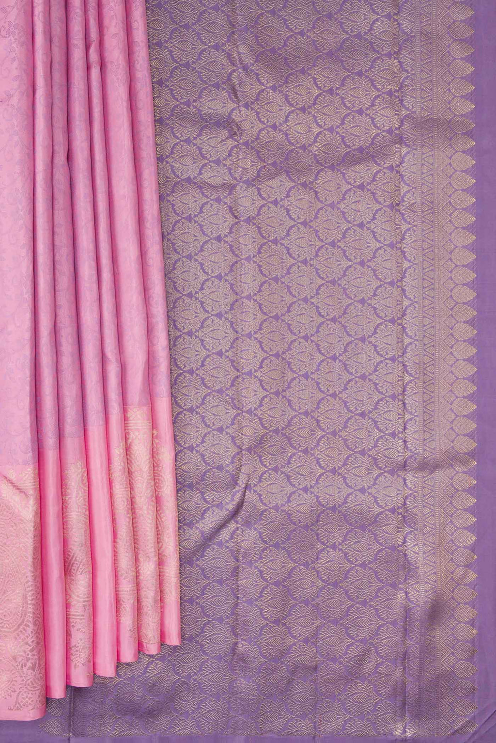 Pleats and pallu of Pure Silk Pure Zari Pink Dual Tone Kanchipuram Saree with Jacquard design on the body and Fancy Border