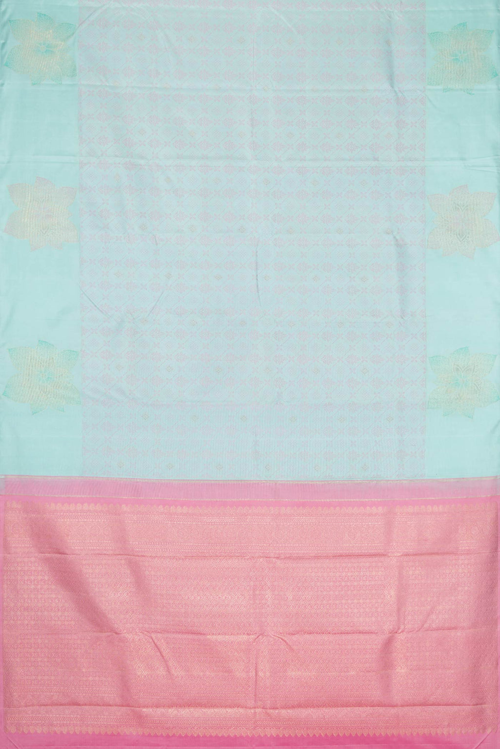 Flat view of Pure Silk Pure Zari Light Blue Dual Tone Kanchipuram Saree with Jacquard design on the body and Fancy Border