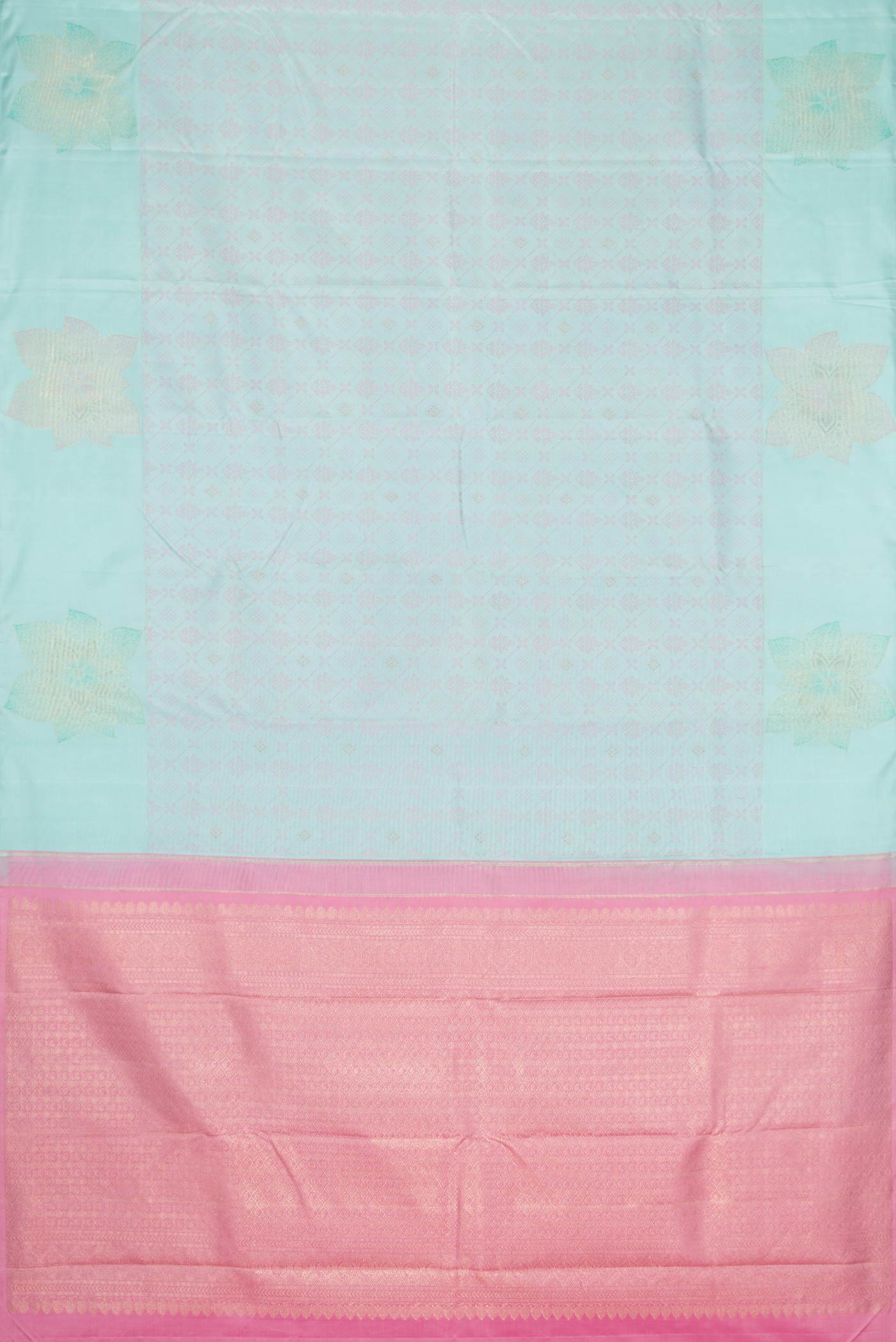 Flat view of Pure Silk Pure Zari Light Blue Dual Tone Kanchipuram Saree with Jacquard design on the body and Fancy Border