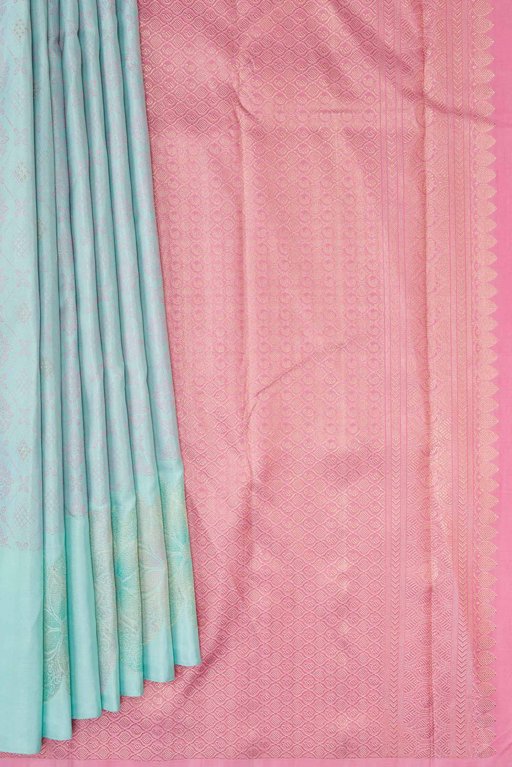 Pleats and pallu of Pure Silk Pure Zari Light Blue Dual Tone Kanchipuram Saree with Jacquard design on the body and Fancy Border
