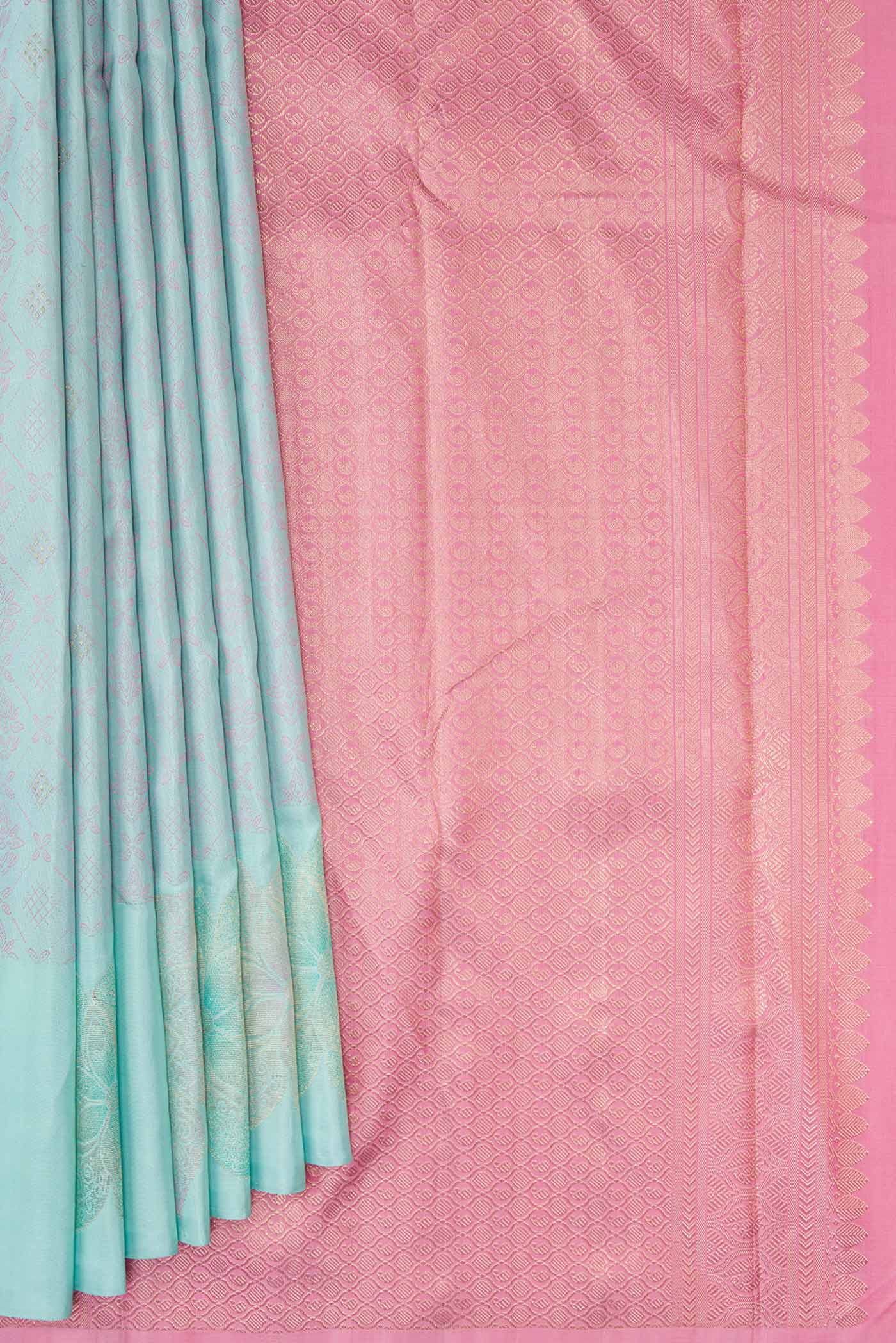 Pleats and pallu of Pure Silk Pure Zari Light Blue Dual Tone Kanchipuram Saree with Jacquard design on the body and Fancy Border