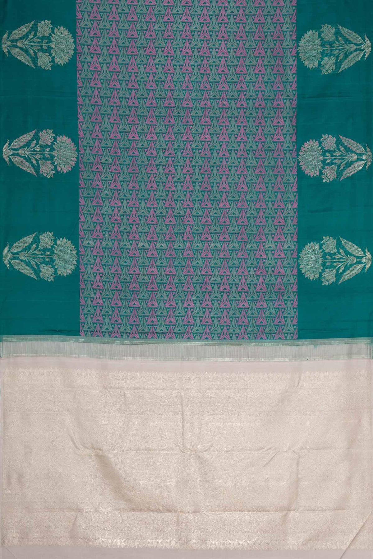 Flat view of Bottle Green Dual Tone Kanchipuram Silk Saree with Jacquard design on the body and Fancy Border