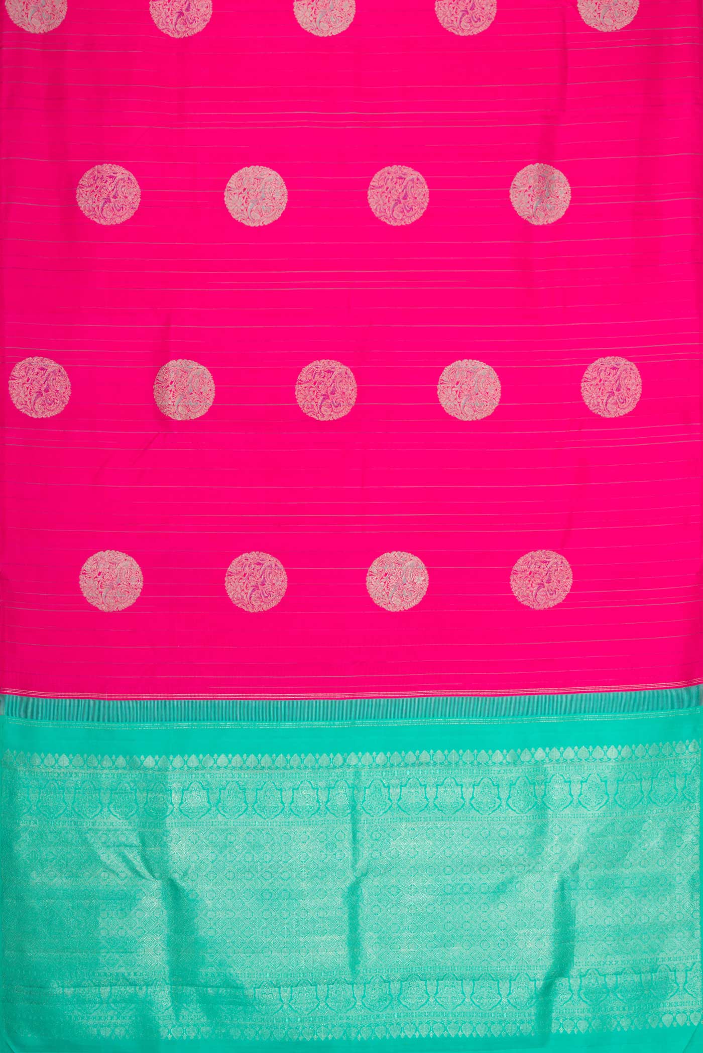 Flat view of Dark Pink Dual Tone Kanchipuram Silk Saree with Zari And Thread Butta on the body and Without Border