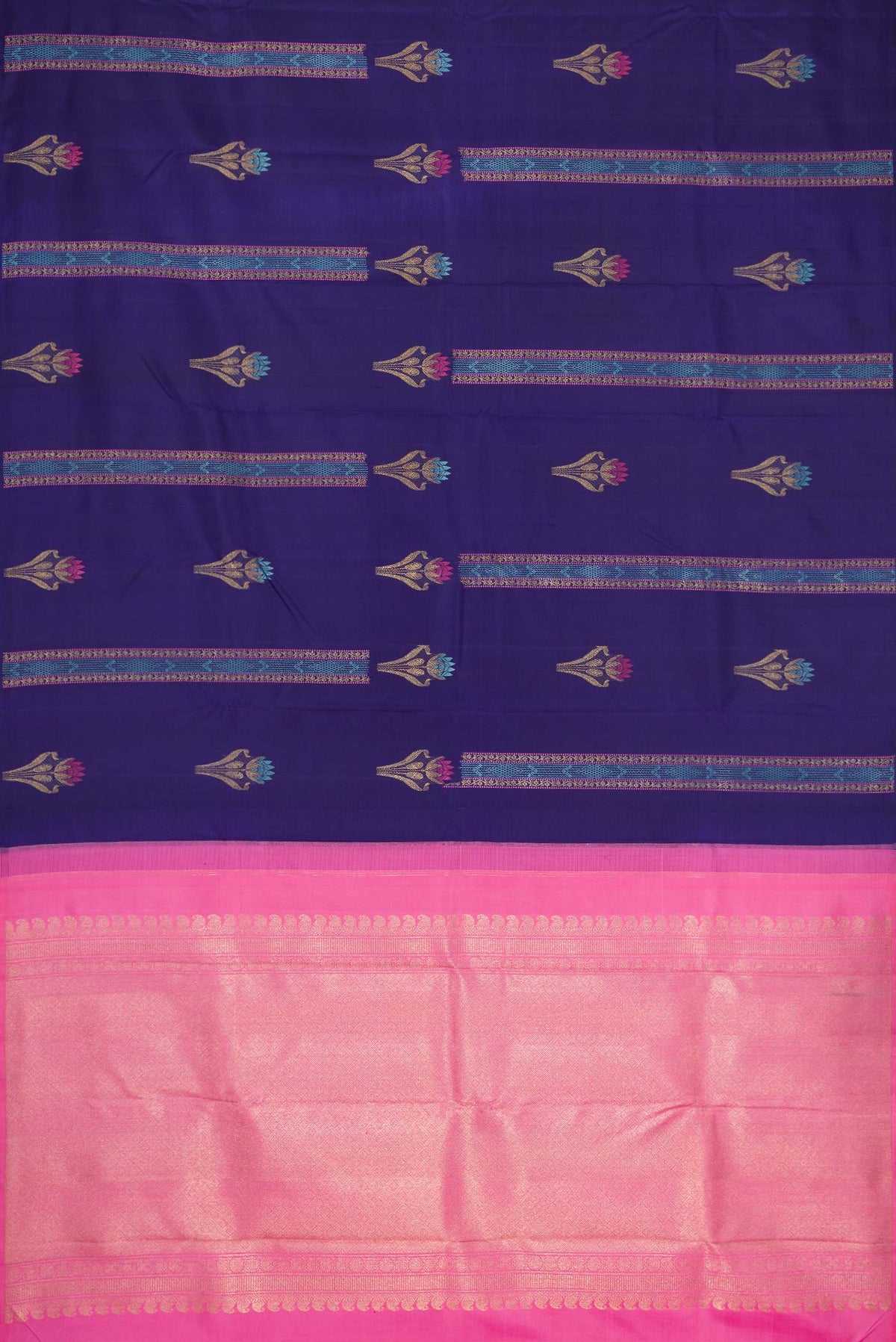 Flat view of Sky Blue and Navy Blue Color Kanchipuram Silk Saree with Half And Half on the body and Without Border