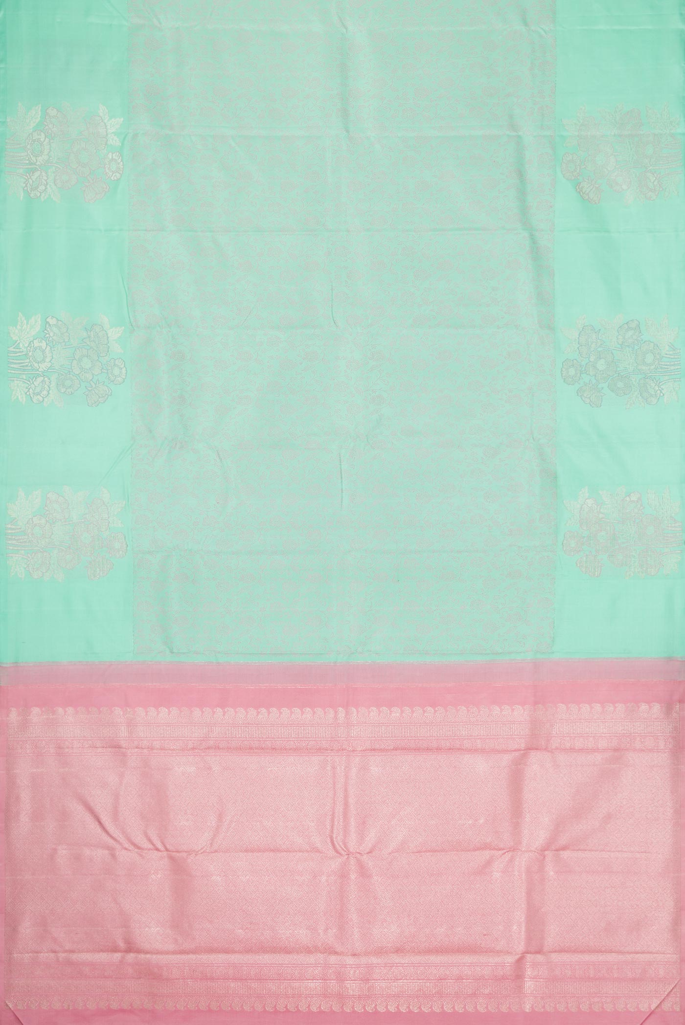 Flat view of Pure Silk Pure Zari Sea Green Dual Tone Kanchipuram Saree with Jacquard design on the body and Fancy Border