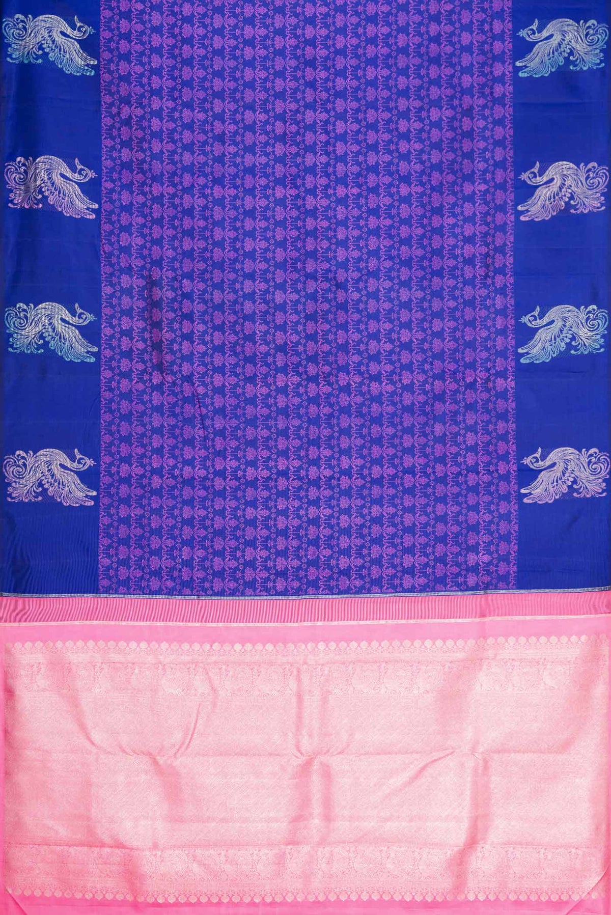 Flat view of Pure Silk Pure Zari Royal Blue Dual Tone Kanchipuram Saree with Jacquard design on the body and Fancy Border