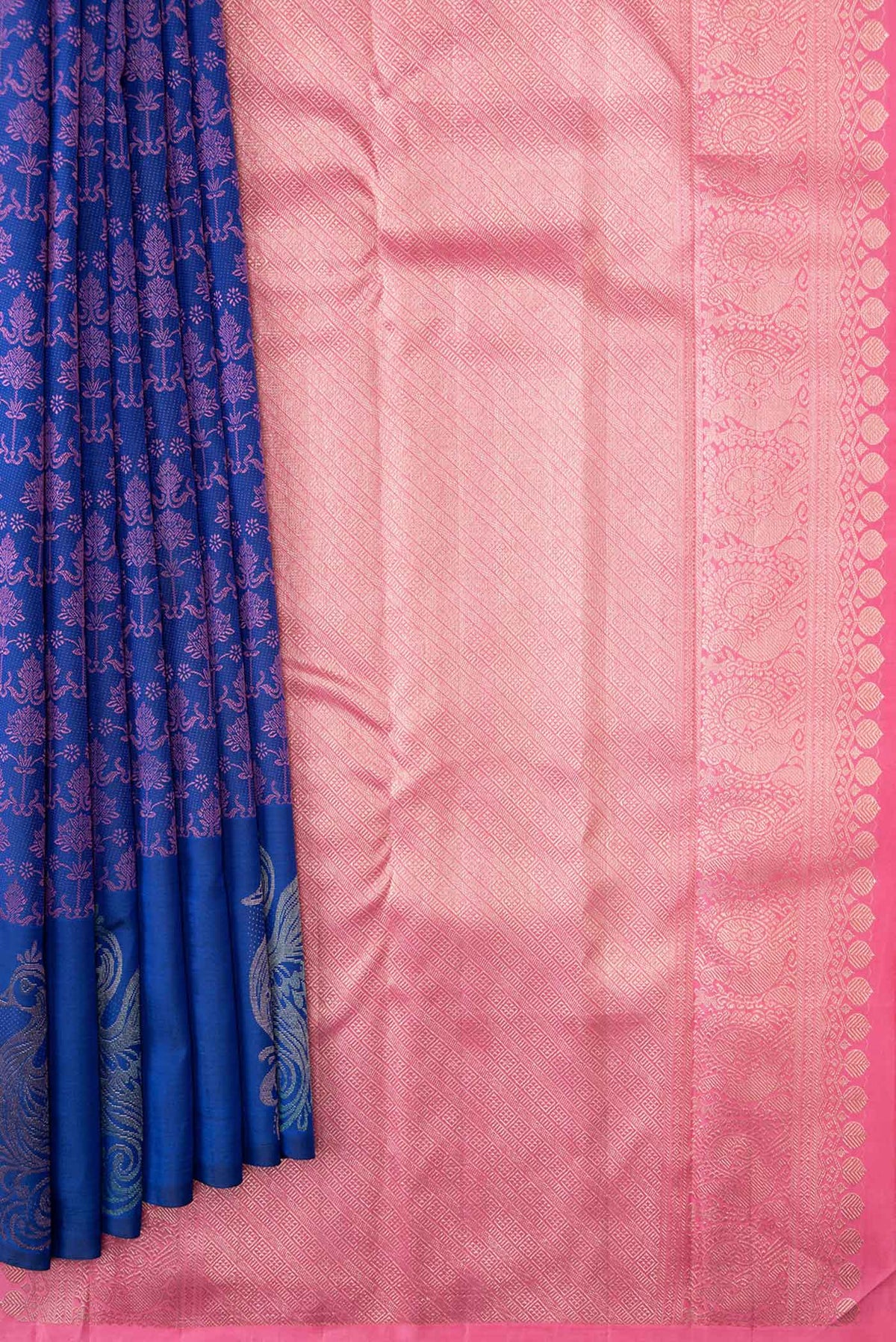 Pleats and pallu of Pure Silk Pure Zari Royal Blue Dual Tone Kanchipuram Saree with Jacquard design on the body and Fancy Border