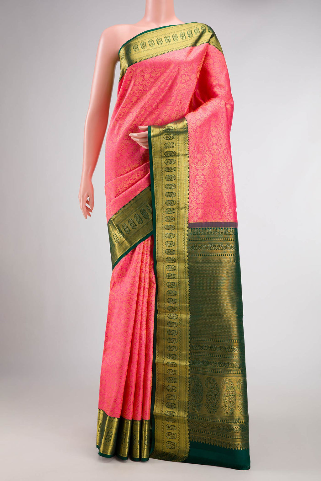 Pink Dual Tone Kanchipuram Silk Saree with Zari Brocade on the body and Zari Border.  displayed on a mannequin