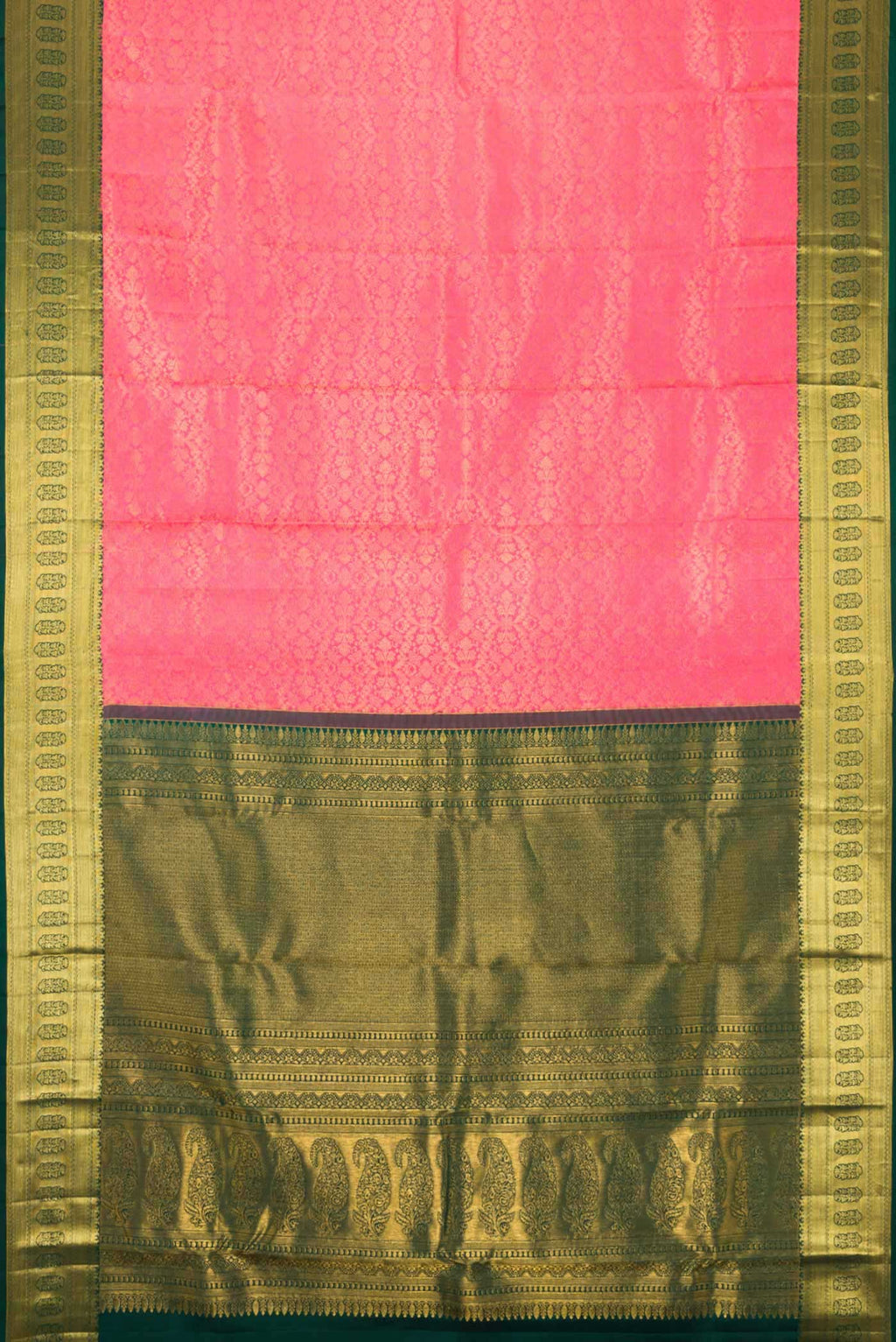 Flat view of Pink Dual Tone Kanchipuram Silk Saree with Zari Brocade on the body and Zari Border. 