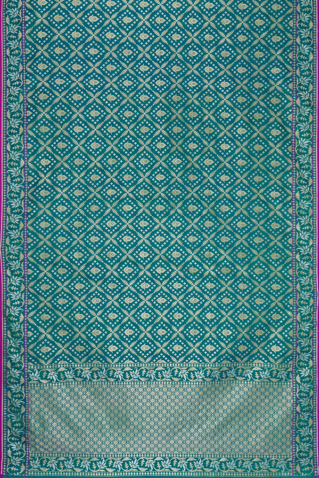 Flat view of Peacock Blue Dual Tone Blended Banarasi Silk Saree with Zari Brocade on the body and Zari Border. 
