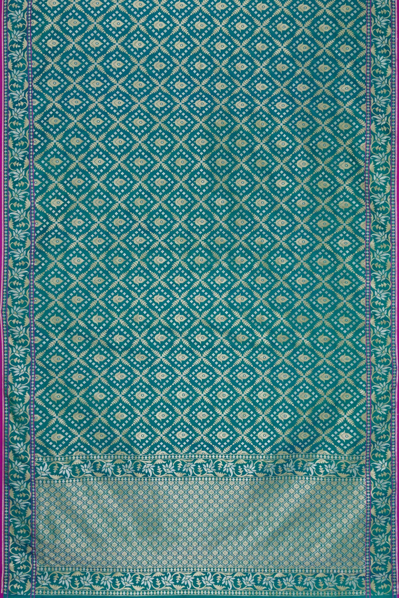 Flat view of Peacock Blue Dual Tone Blended Banarasi Silk Saree with Zari Brocade on the body and Zari Border. 