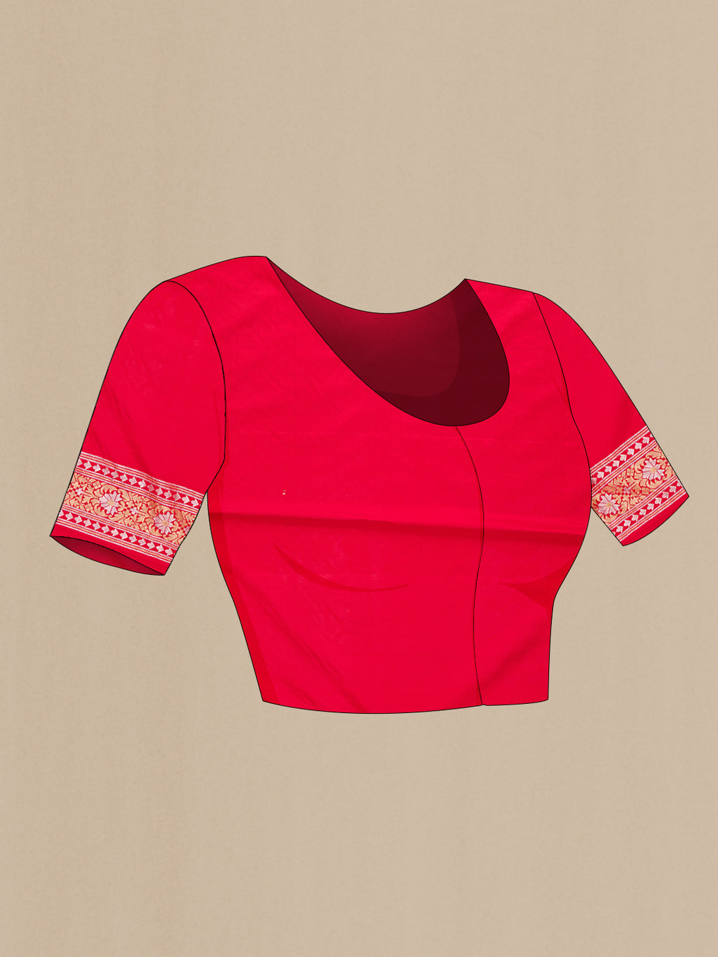 Close up image of the blouse of Red Dual Tone Blended Banarasi Silk Saree with Zari Brocade on the body and Zari Border. 
