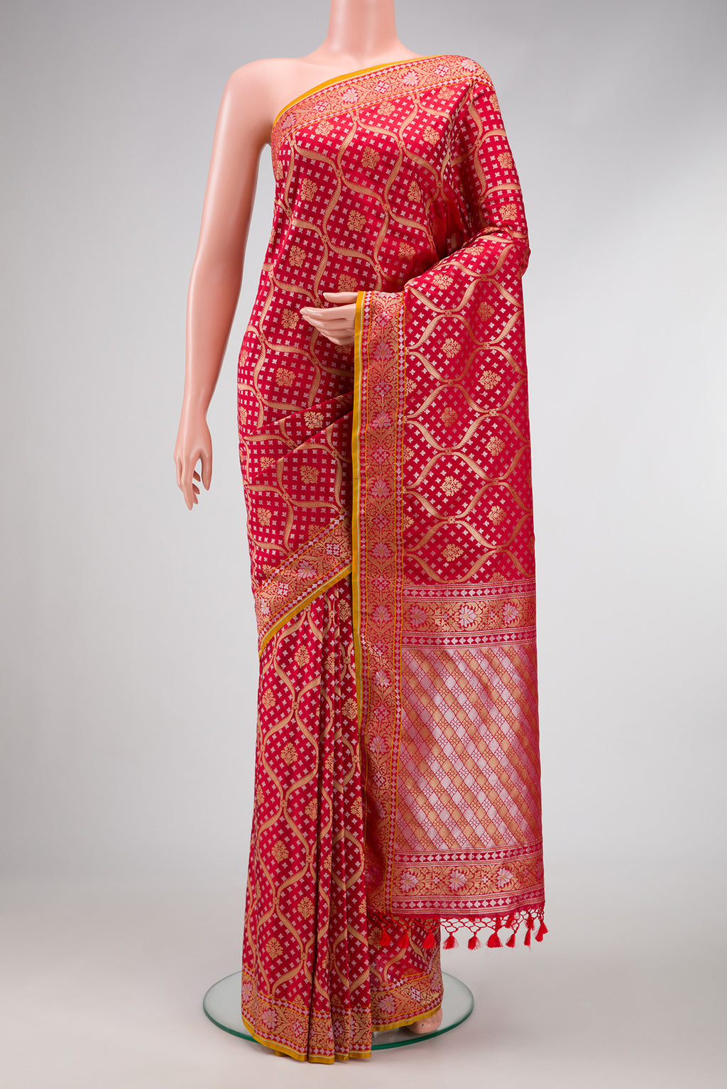 Red Dual Tone Blended Banarasi Silk Saree with Zari Brocade on the body and Zari Border.  displayed on a mannequin