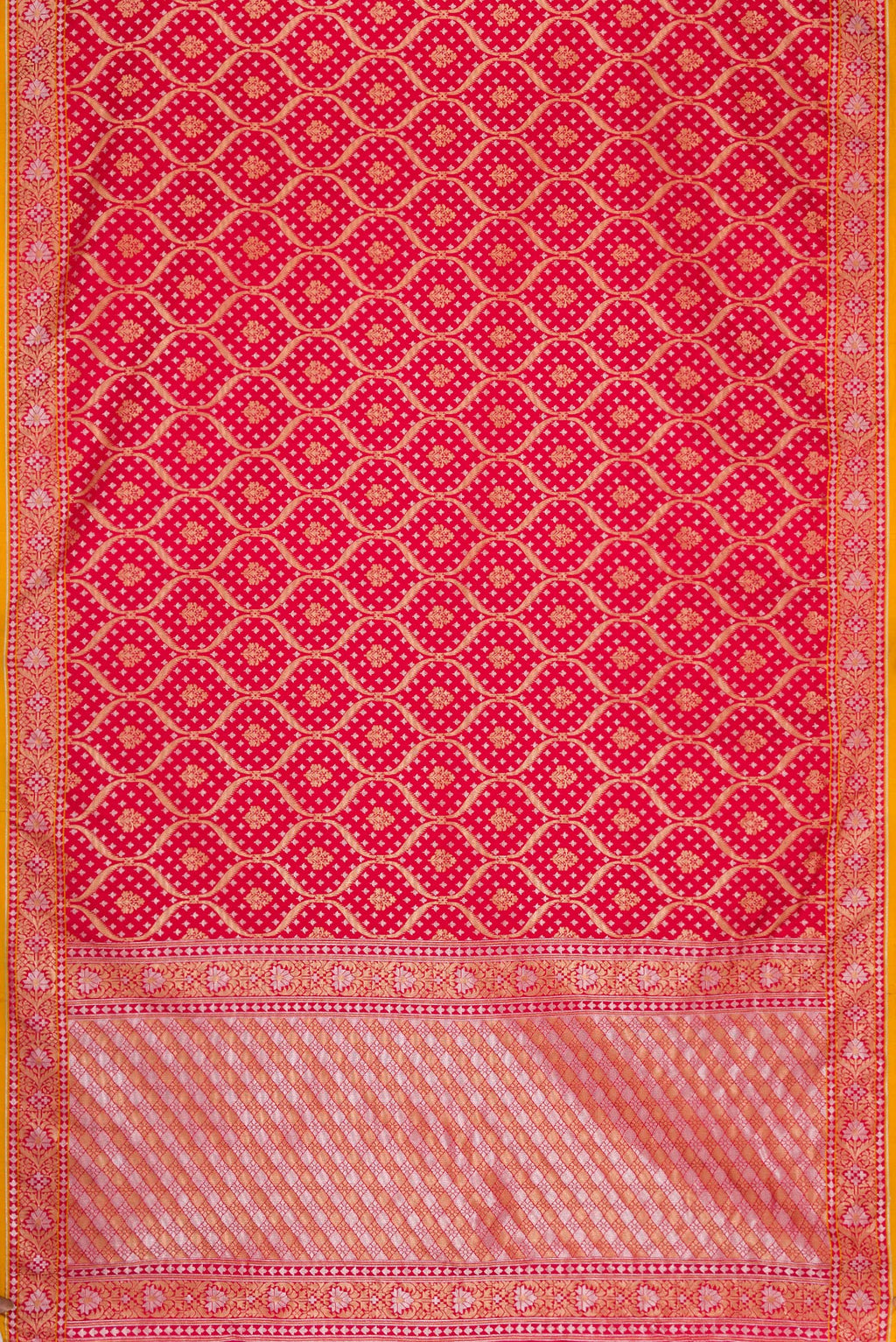 Flat view of Red Dual Tone Blended Banarasi Silk Saree with Zari Brocade on the body and Zari Border. 