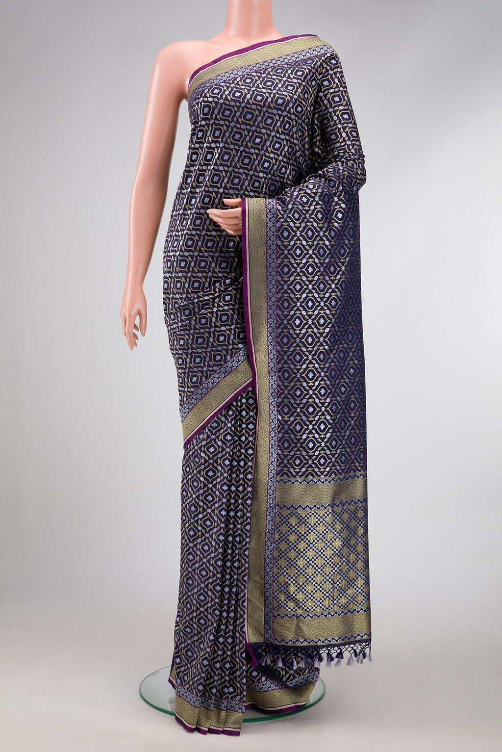 Navy Blue Dual Tone Blended Banarasi Silk Saree with Zari Brocade on the body and Zari Border.  displayed on a mannequin