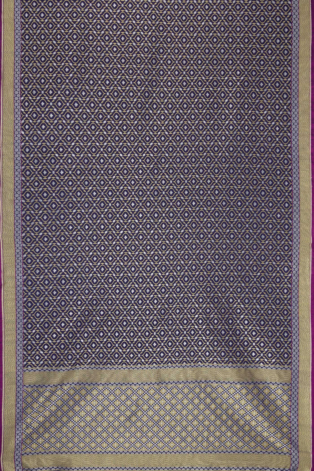 Flat view of Navy Blue Dual Tone Blended Banarasi Silk Saree with Zari Brocade on the body and Zari Border. 