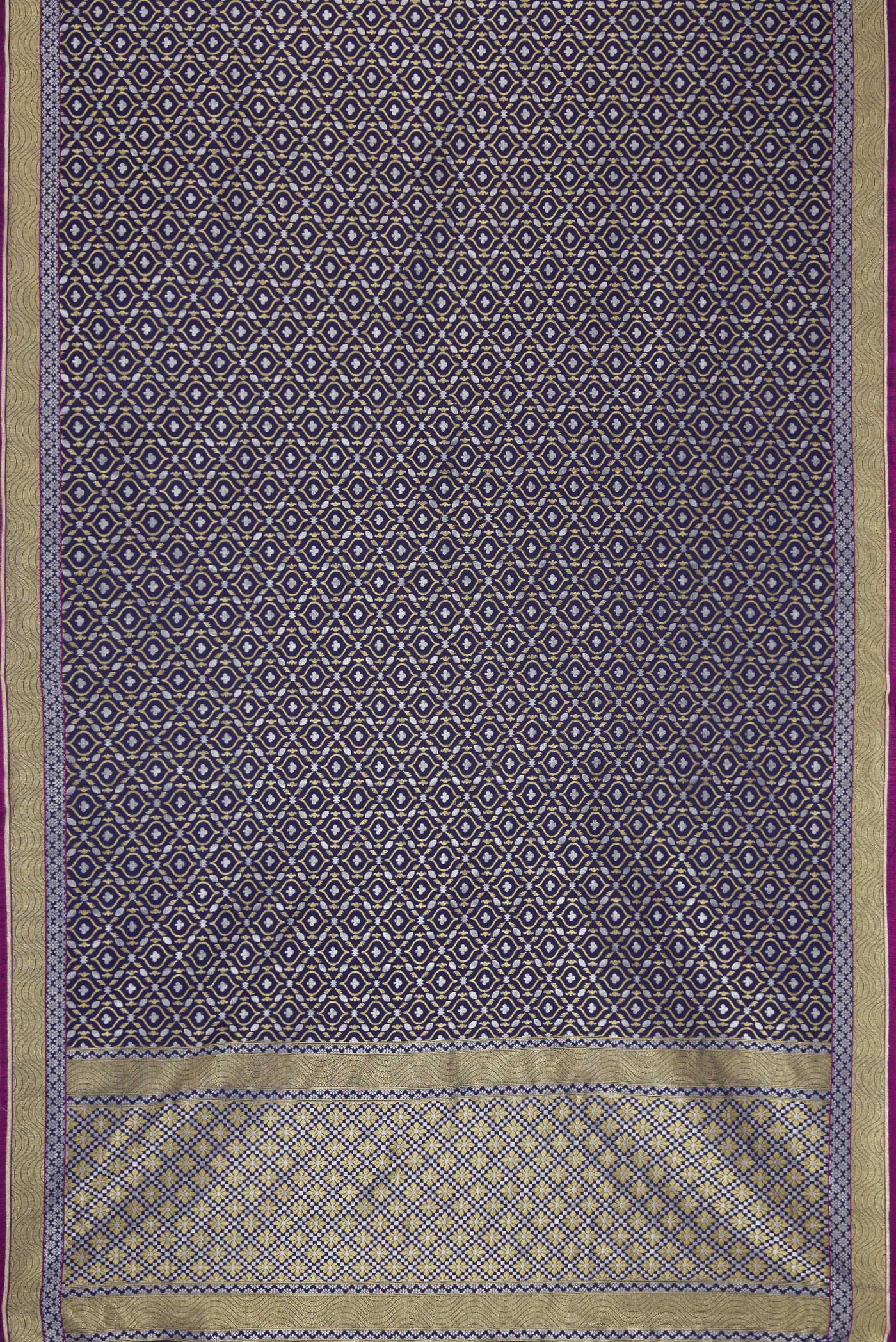Flat view of Navy Blue Dual Tone Blended Banarasi Silk Saree with Zari Brocade on the body and Zari Border. 