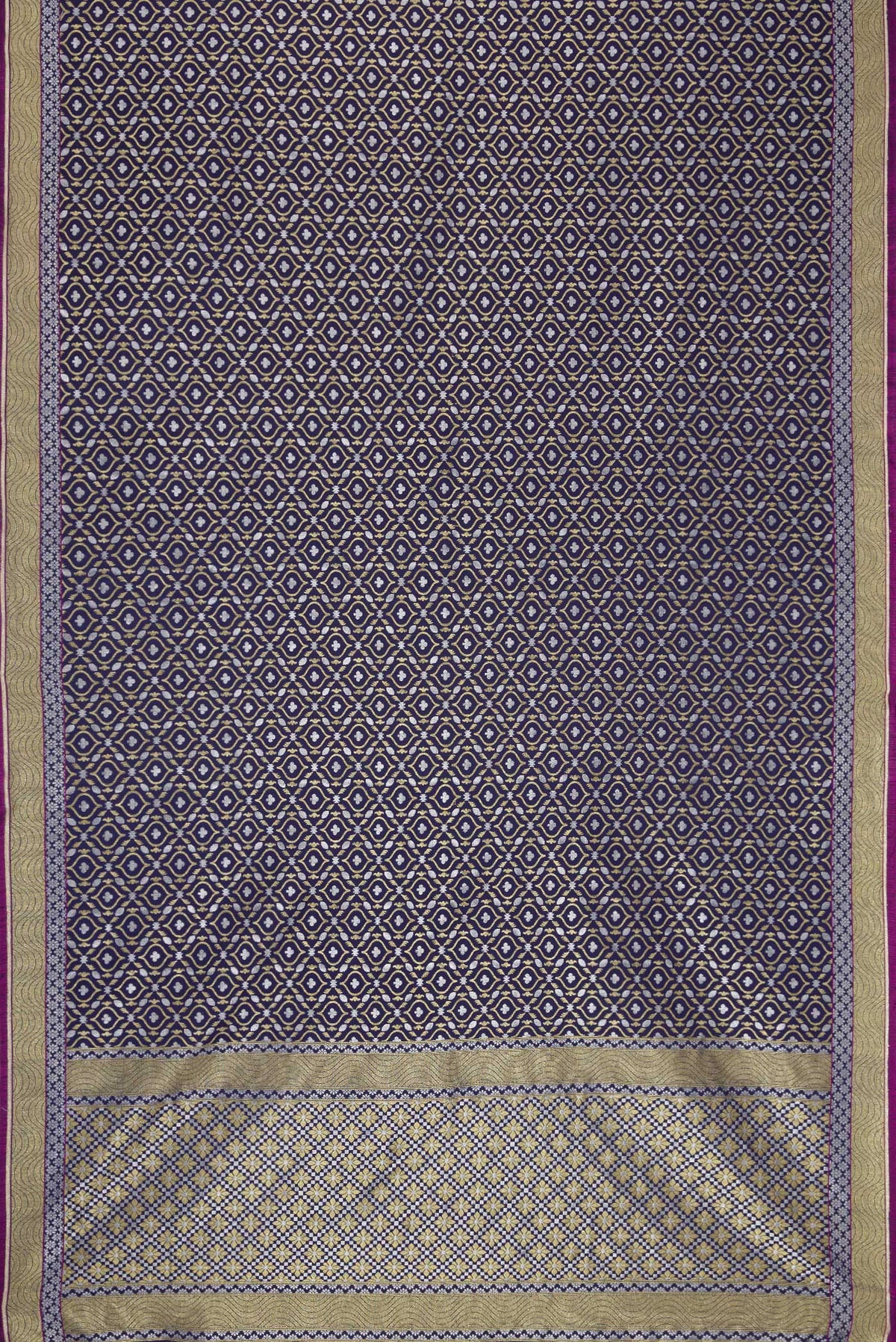 Flat view of Navy Blue Dual Tone Blended Banarasi Silk Saree with Zari Brocade on the body and Zari Border. 