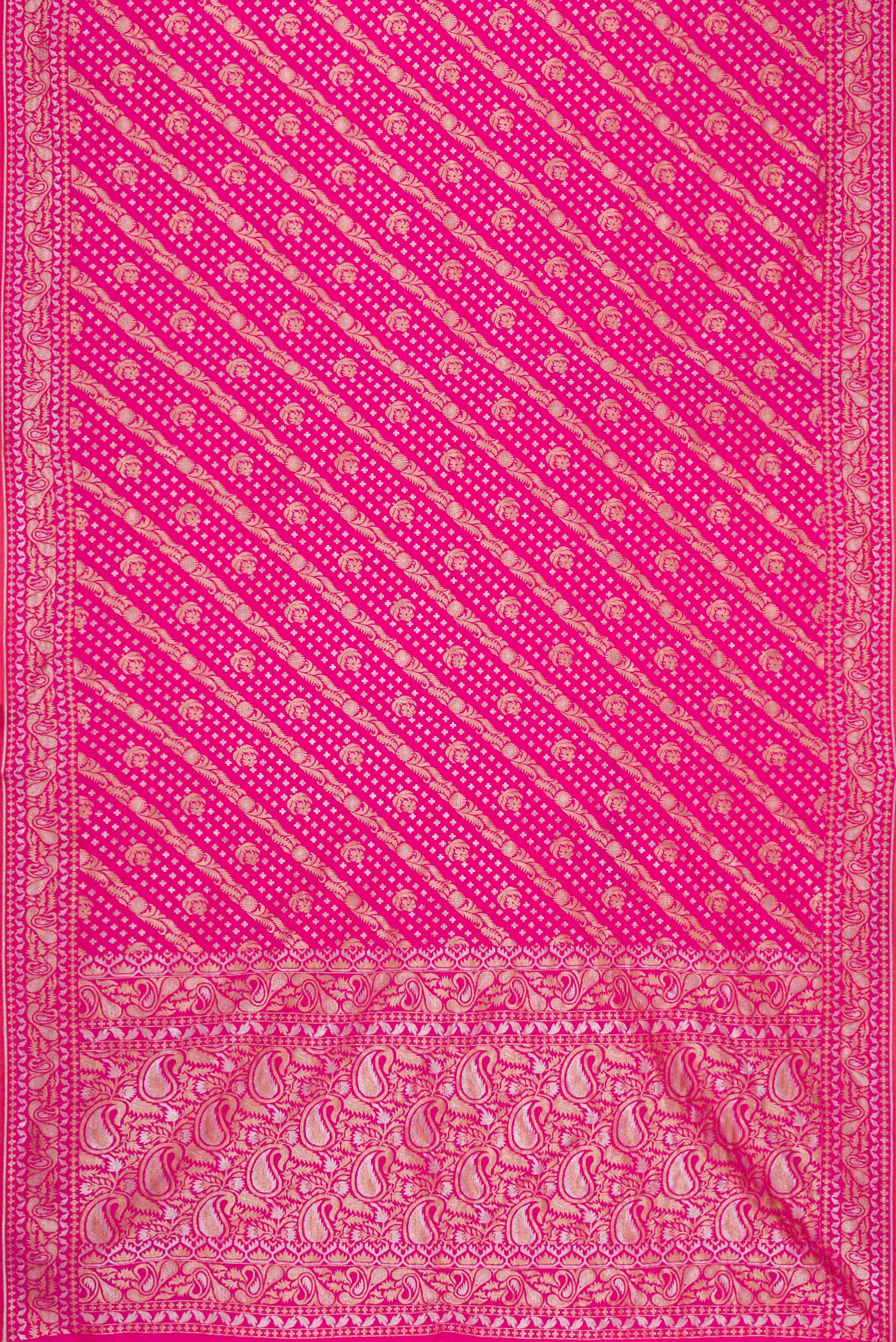 Flat view of Dark Pink Dual Tone Blended Banarasi Silk Saree with Zari Brocade on the body and Zari Border. 