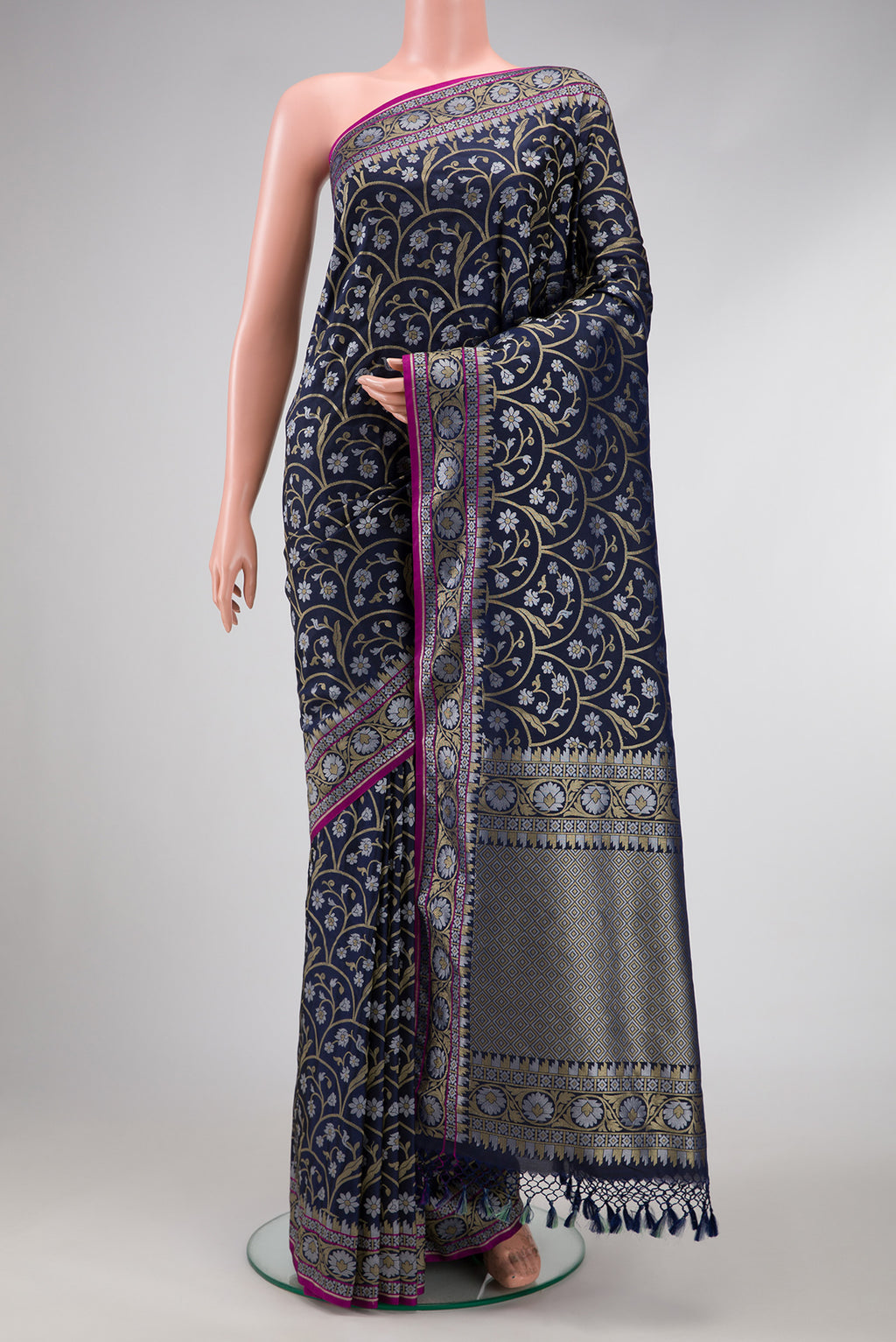 Navy Blue Dual Tone Blended Banarasi Silk Saree with Zari Brocade on the body and Zari Border.  displayed on a mannequin