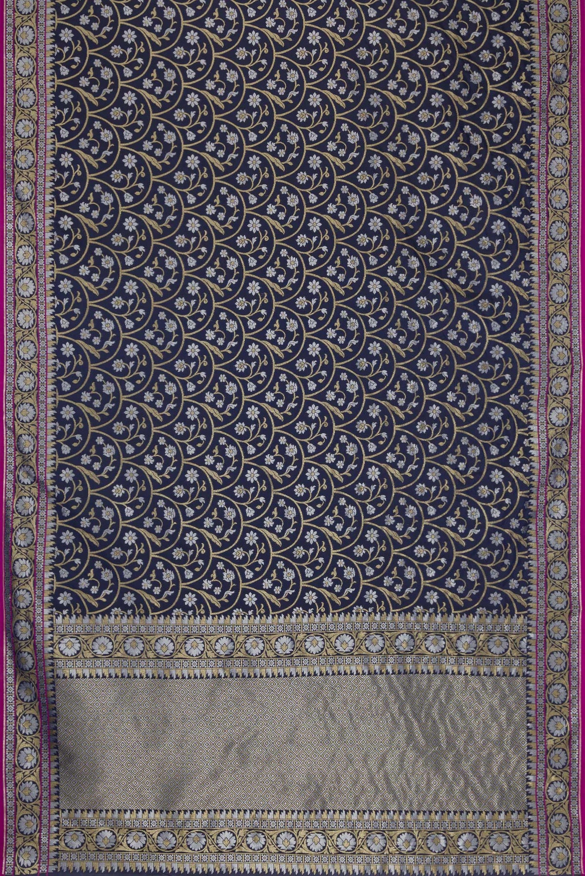 Flat view of Navy Blue Dual Tone Blended Banarasi Silk Saree with Zari Brocade on the body and Zari Border. 