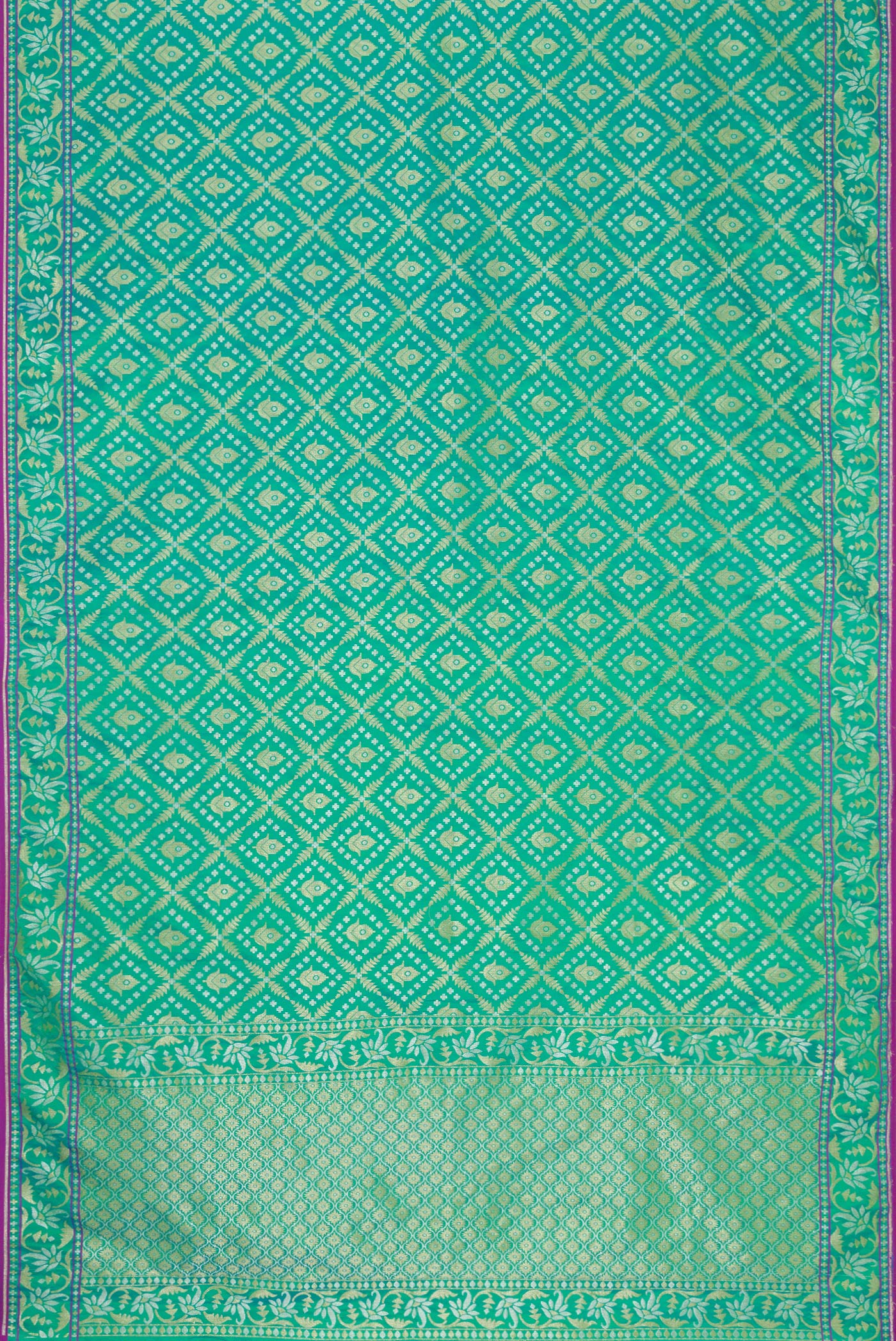 Flat view of Sea Green Dual Tone Blended Banarasi Silk Saree with Zari Brocade on the body and Zari Border. 