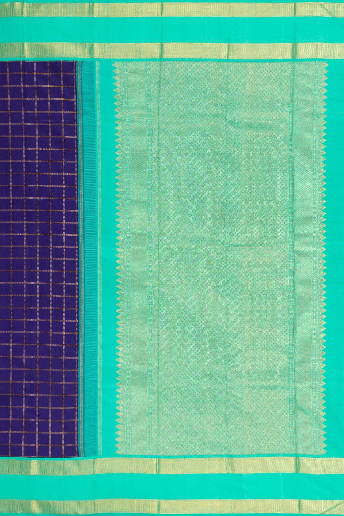 Close up image of the pallu of Navy Blue Kanjivaram Silk Saree with Checked design on the body and Zari Border. 