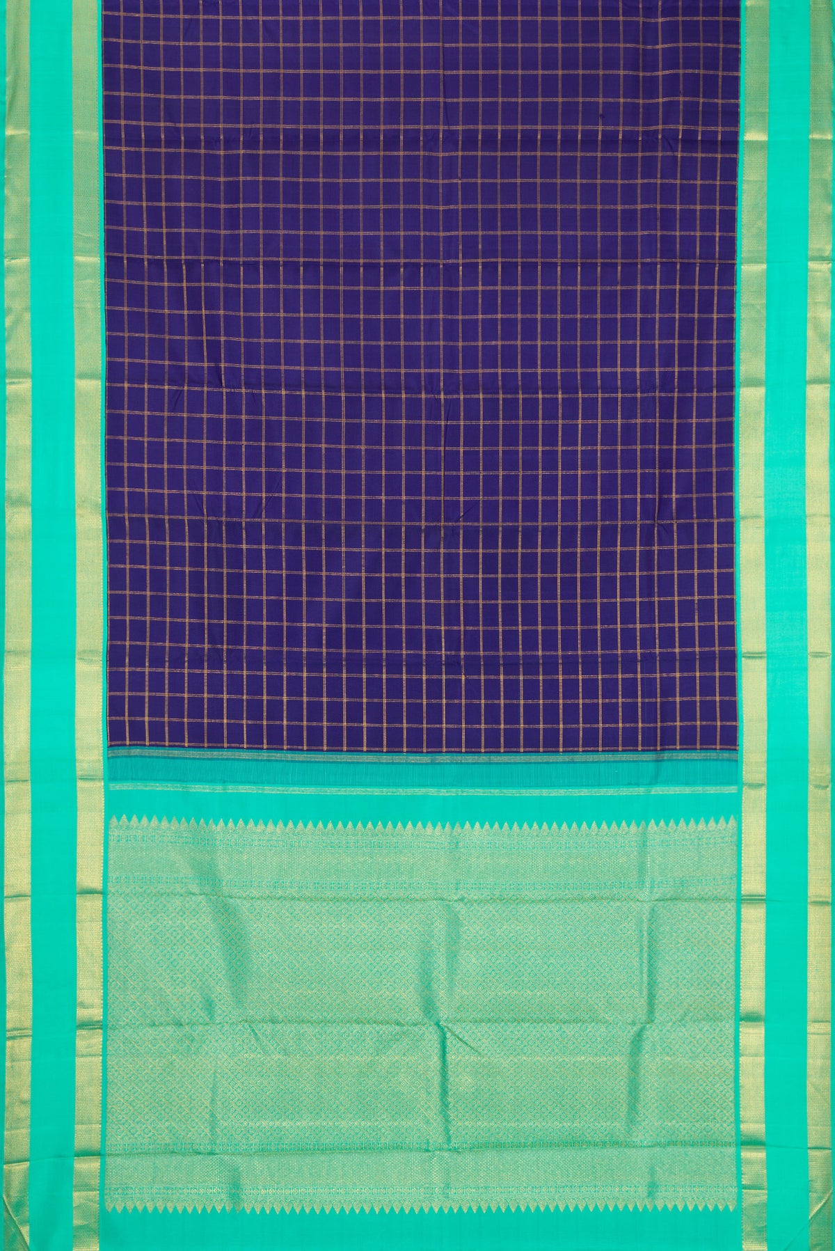 Flat view of Navy Blue Kanjivaram Silk Saree with Checked design on the body and Zari Border. 