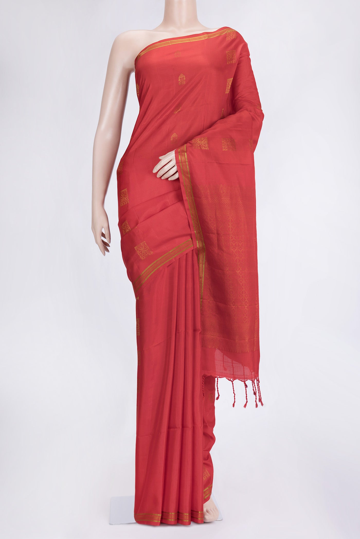 Red Dual Tone Soft Silk Saree with Zari Butta on the body and Zari Border.  displayed on a mannequin