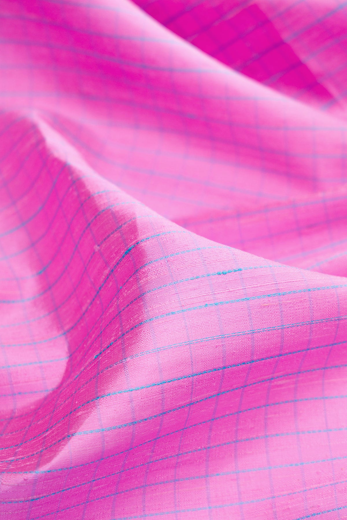 Close up of Rose pink Raw Silk Saree with Checked design on the body and Zari Border.  displaying folds