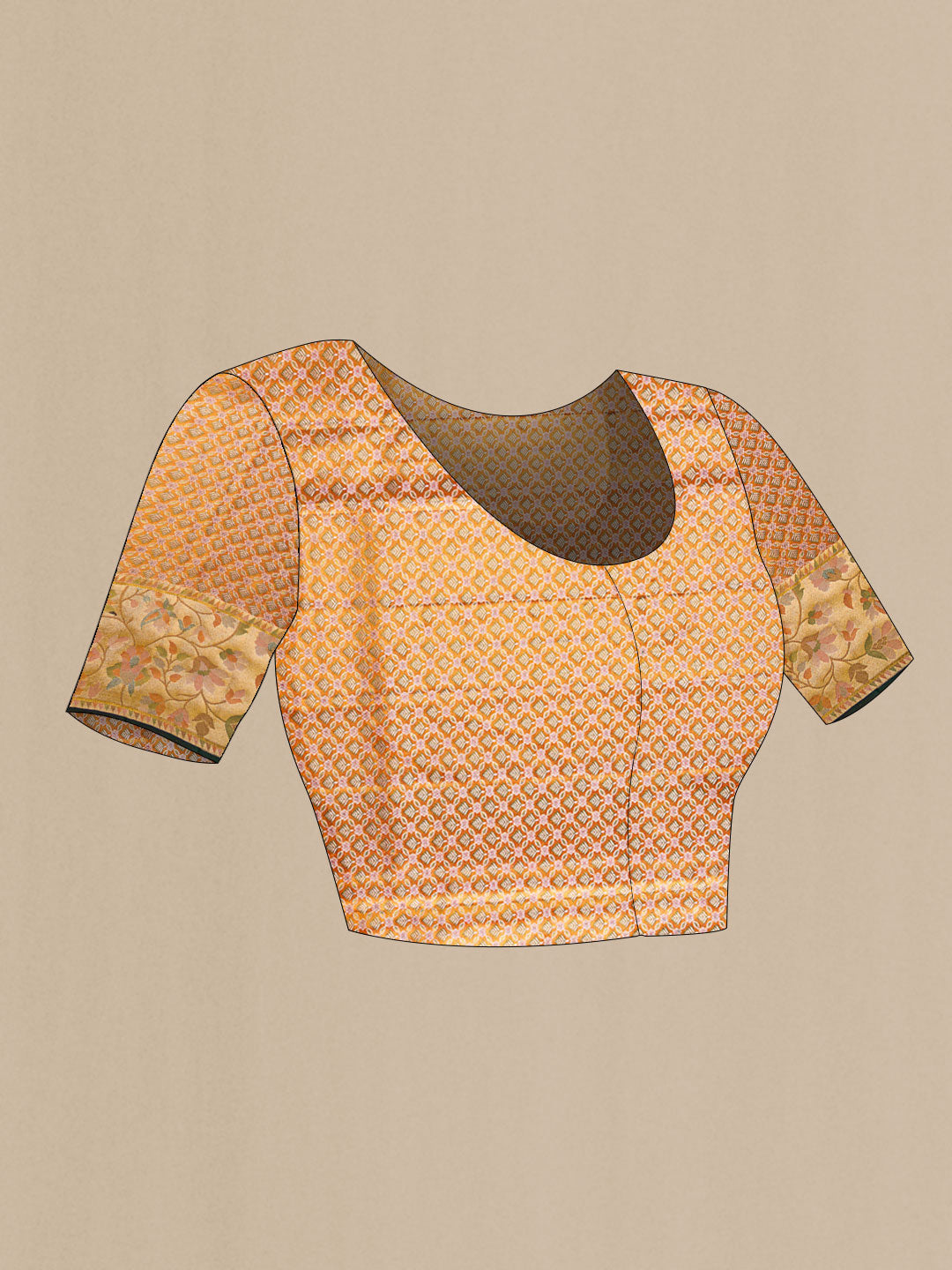 Close up image of the blouse of Sandel with Gold Color Kanchipuram Tissue Silk Saree with Zari Brocade on the body and Zari Border