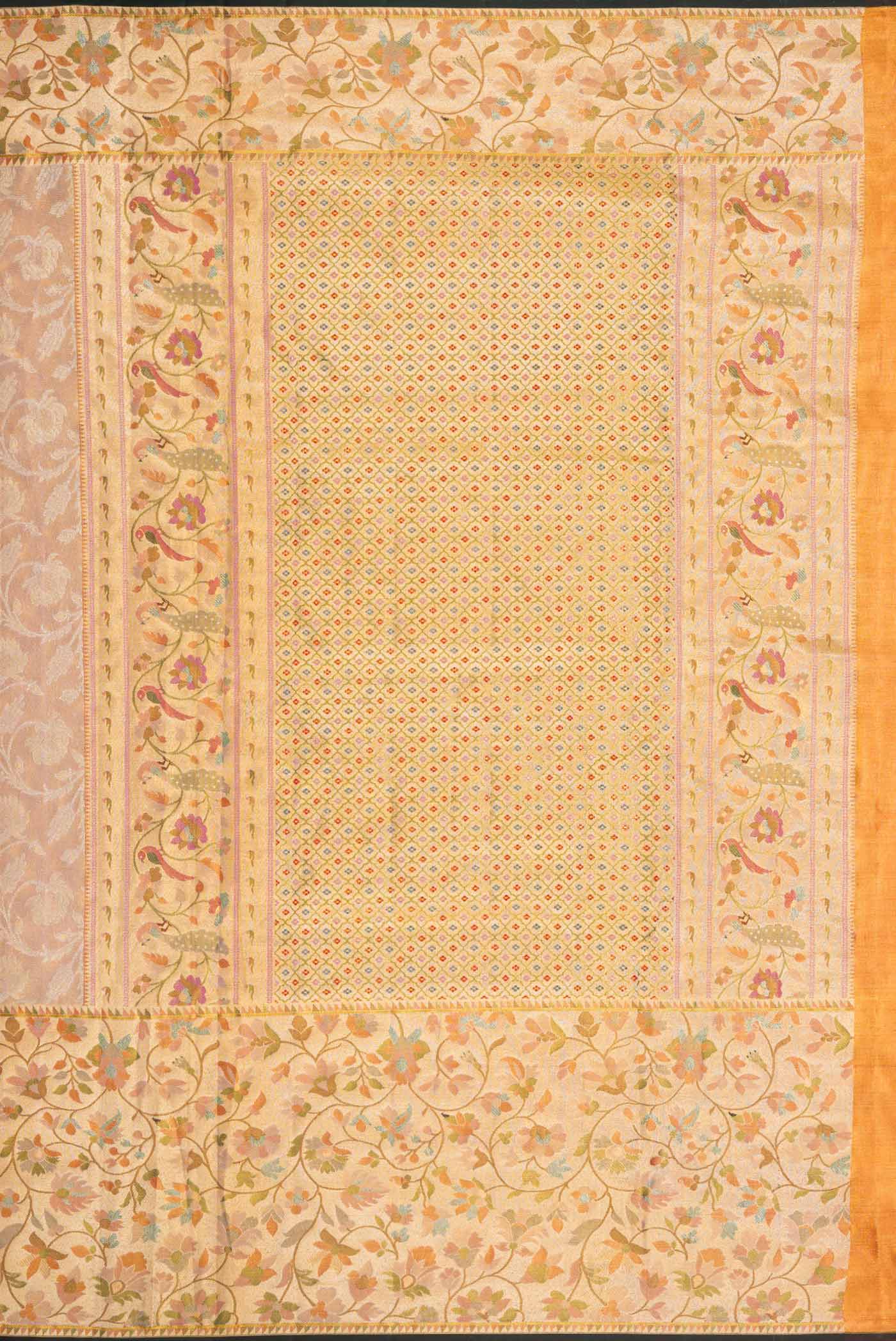 Close up image of the pallu of Sandel with Gold Color Kanchipuram Tissue Silk Saree with Zari Brocade on the body and Zari Border