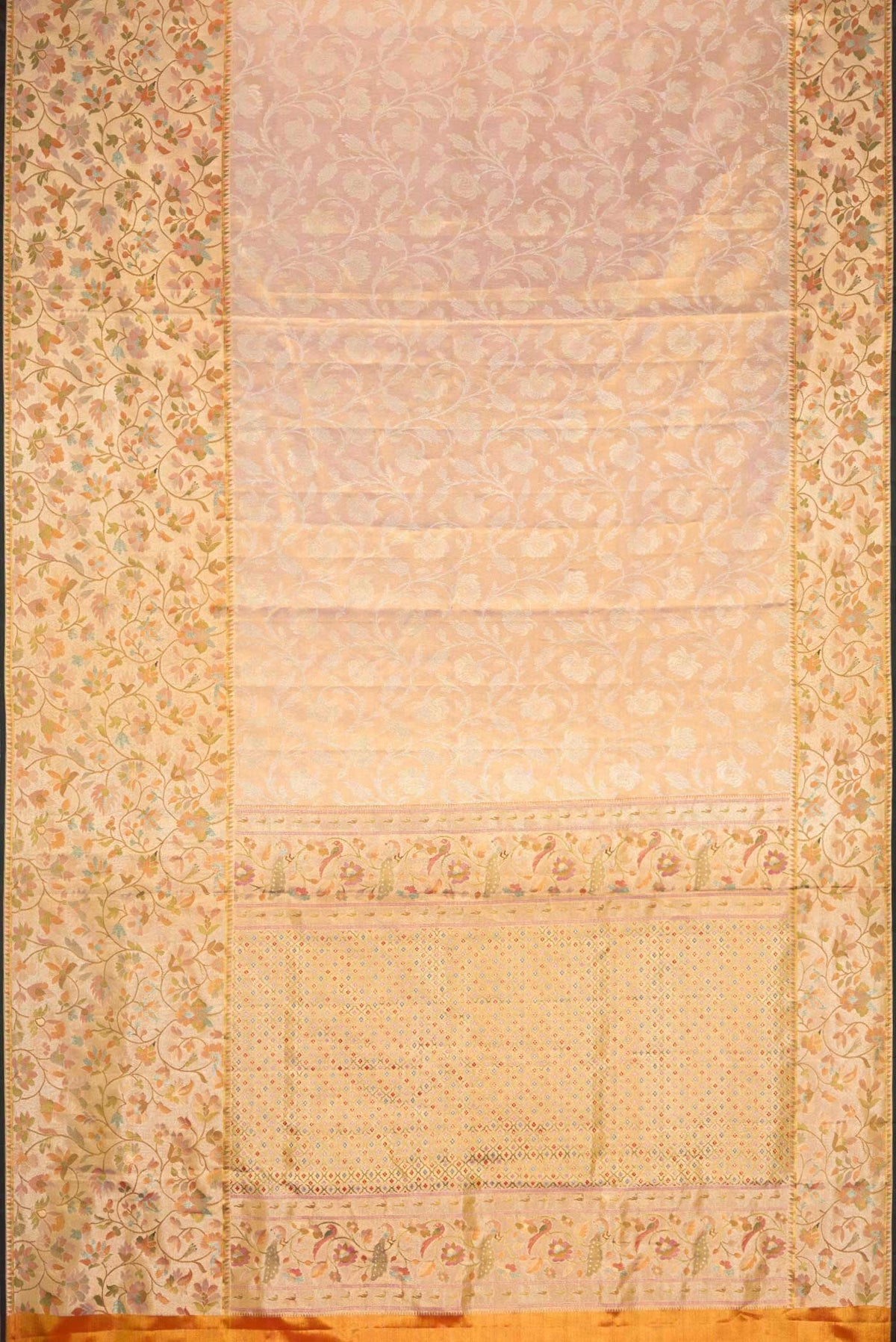 Flat view of Sandel with Gold Color Kanchipuram Tissue Silk Saree with Zari Brocade on the body and Zari Border