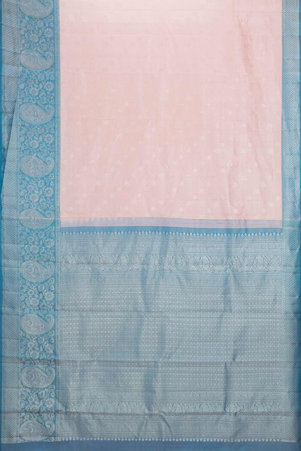 Flat view of Golden Peach Dual Tone Kanchipuram Saree with Zari Brocade on the body and Zari Border
