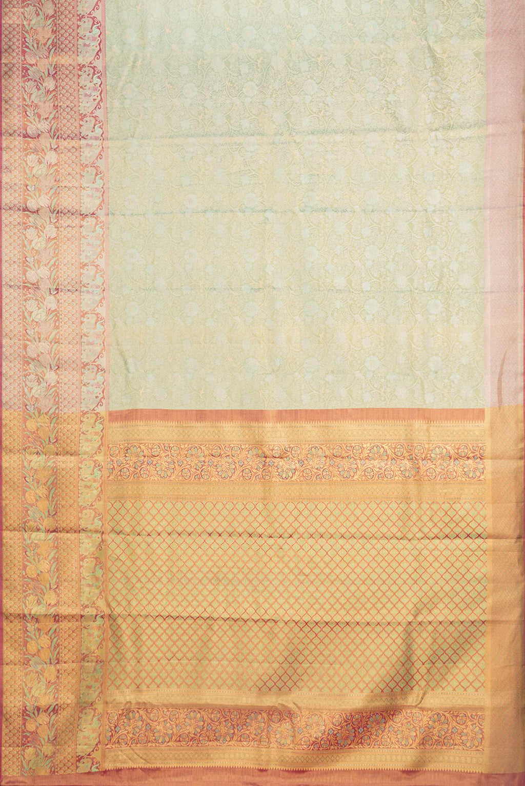 Flat view of Pista Green Dual Tone Kanchipuram Saree with Zari Brocade on the body and Zari Border