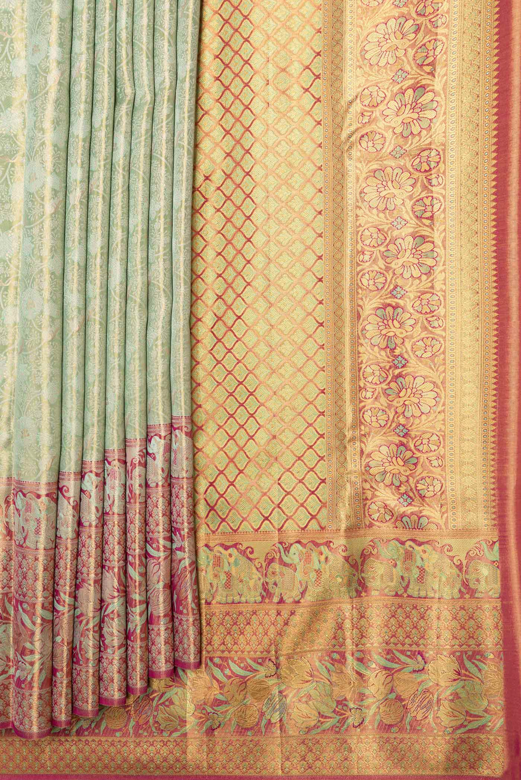 Pleats and pallu of Pista Green Dual Tone Kanchipuram Saree with Zari Brocade on the body and Zari Border