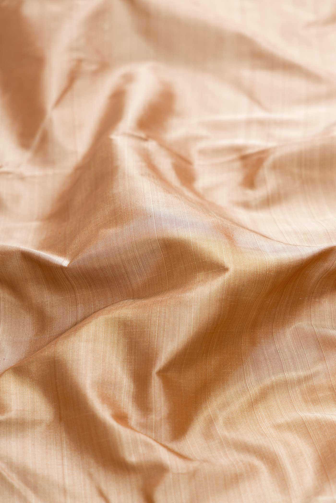 Close up of Dark Beige Dual Tone Kanchipuram Silk Saree with Plain Body and Zari Border displaying folds