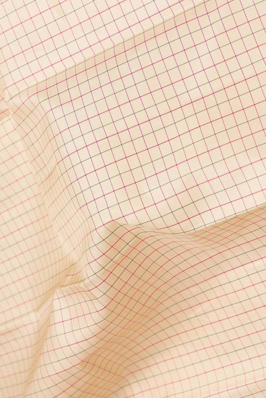 Close up of Beige Dual Tone Kanchipuram Silk Saree with Checked design on the body and Zari Border.  displaying folds