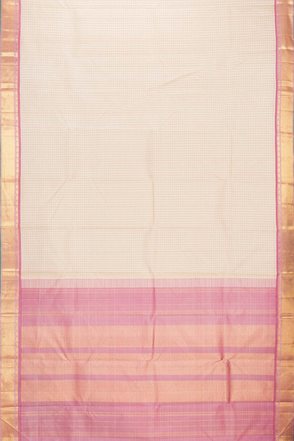 Flat view of Beige Dual Tone Kanchipuram Silk Saree with Checked design on the body and Zari Border. 